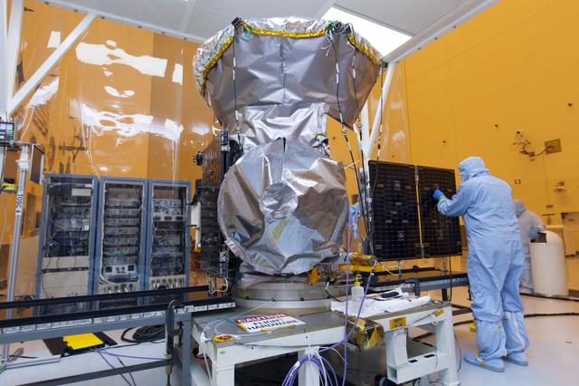 NASA image: TESS Spacecraft Solar Panel Array Deployment Testing