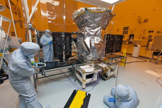 NASA image: TESS Spacecraft Solar Panel Array Deployment Testing