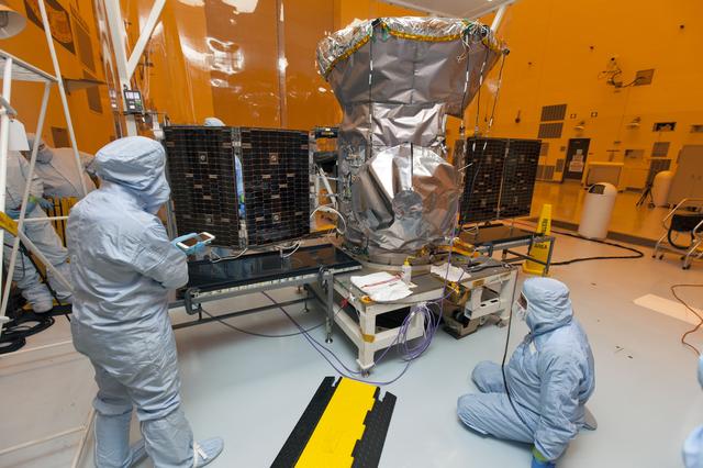 NASA image: TESS Spacecraft Solar Panel Array Deployment Testing