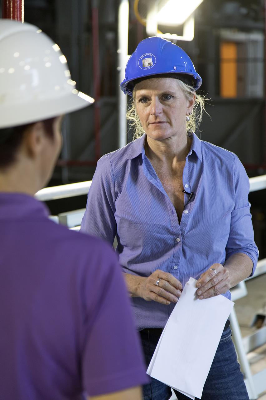NASA engineer Krista Shaffer, right, is interviewed by Rachel Power of NASA’s Digital Expansion to Engage the Public (DEEP) Network inside Kennedy Space Center’s Vehicle Assembly Building during Introduce a Girl to Engineering Day. Held in conjunction with National Engineers Week and Girl Day, the event allowed students from throughout the nation to speak with female NASA scientists and technical experts.