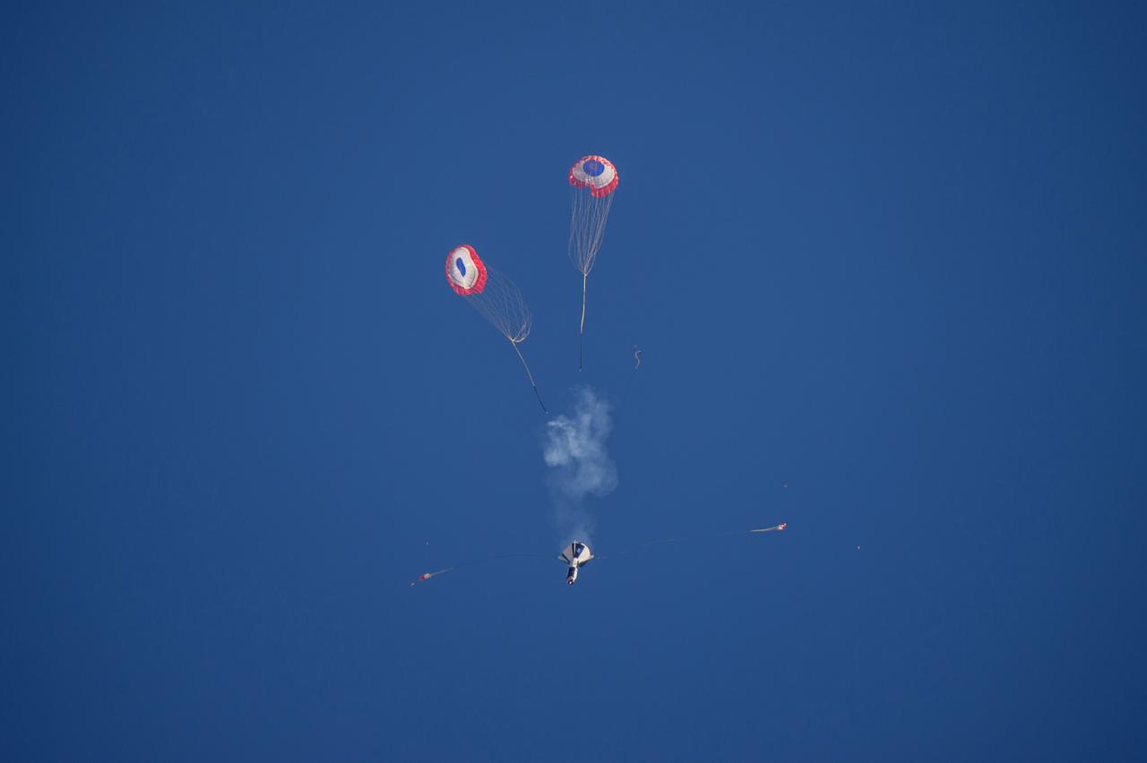 Boeing conducted the first in a series of reliability tests of its CST-100 Starliner flight drogue and main parachute system by releasing a long, dart-shaped test vehicle from a C-17 aircraft over Yuma, Arizona. Two more tests are planned using the dart module, as well as three similar reliability tests using a high fidelity capsule simulator designed to simulate the CST-100 Starliner capsule’s exact shape and mass. In both the dart and capsule simulator tests, the test spacecraft are released at various altitudes to test the parachute system at different deployment speeds, aerodynamic loads, and or weight demands. Data collected from each test is fed into computer models to more accurately predict parachute performance and to verify consistency from test to test.