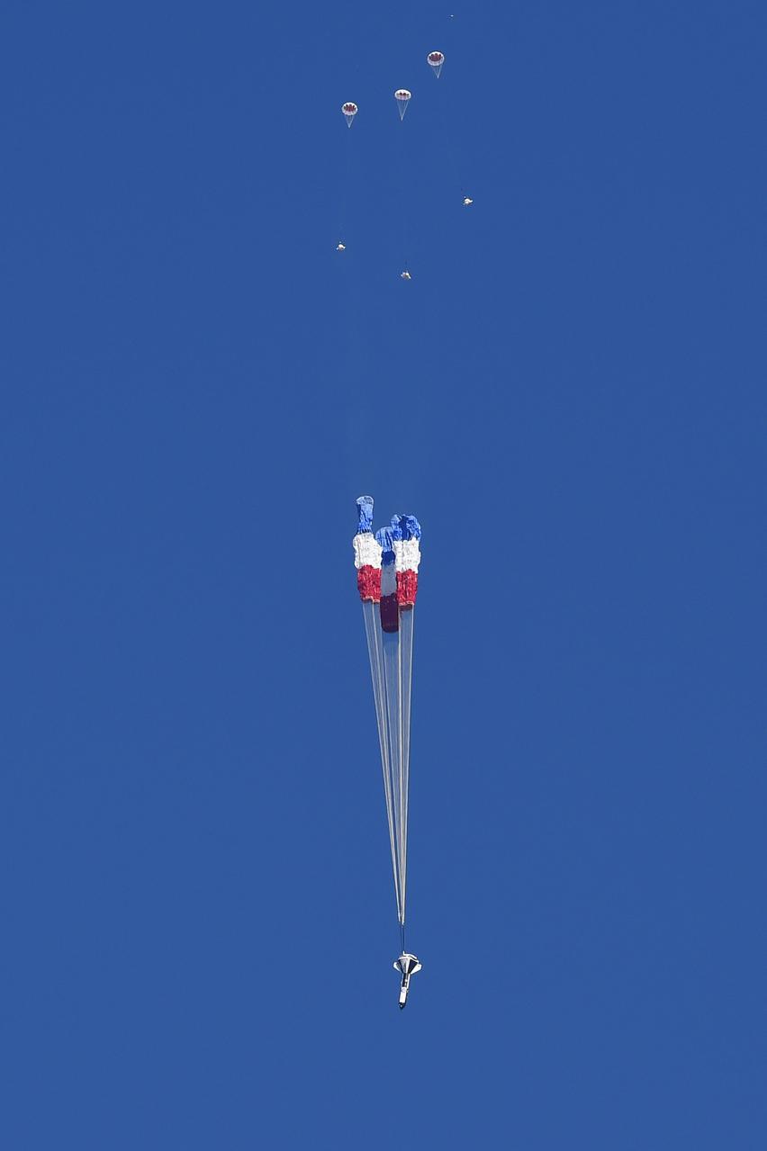 Boeing conducted the first in a series of reliability tests of its CST-100 Starliner flight drogue and main parachute system by releasing a long, dart-shaped test vehicle from a C-17 aircraft over Yuma, Arizona. Two more tests are planned using the dart module, as well as three similar reliability tests using a high fidelity capsule simulator designed to simulate the CST-100 Starliner capsule’s exact shape and mass. In both the dart and capsule simulator tests, the test spacecraft are released at various altitudes to test the parachute system at different deployment speeds, aerodynamic loads, and or weight demands. Data collected from each test is fed into computer models to more accurately predict parachute performance and to verify consistency from test to test.