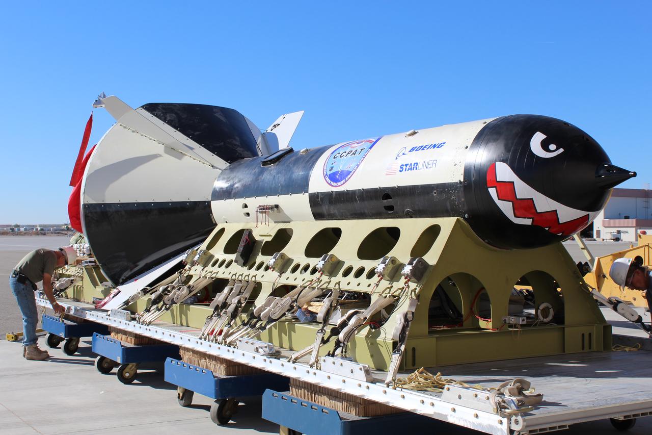 Boeing conducted the first in a series of reliability tests of its CST-100 Starliner flight drogue and main parachute system by releasing a long, dart-shaped test vehicle from a C-17 aircraft over Yuma, Arizona. Two more tests are planned using the dart module, as well as three similar reliability tests using a high fidelity capsule simulator designed to simulate the CST-100 Starliner capsule’s exact shape and mass. In both the dart and capsule simulator tests, the test spacecraft are released at various altitudes to test the parachute system at different deployment speeds, aerodynamic loads, and or weight demands. Data collected from each test is fed into computer models to more accurately predict parachute performance and to verify consistency from test to test.