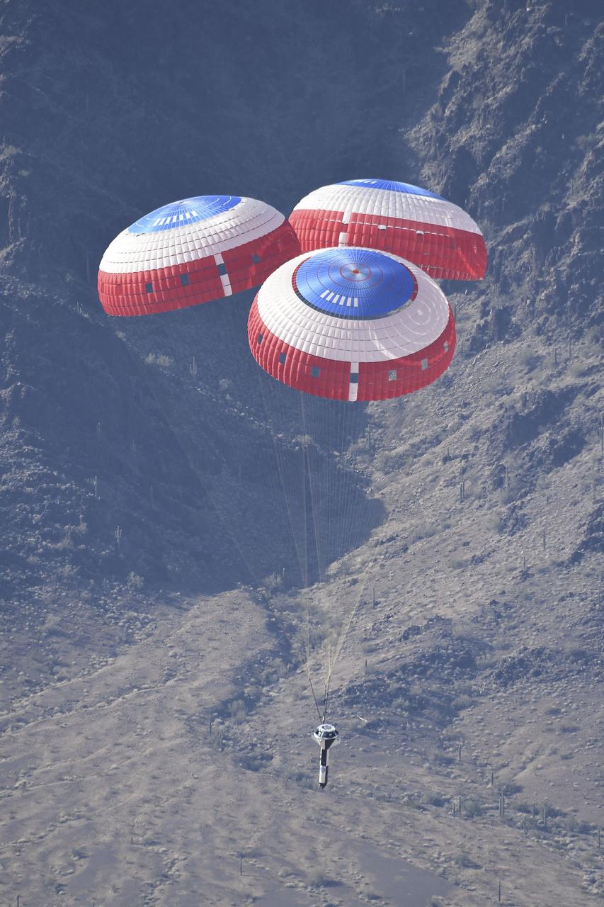 Boeing conducted the first in a series of reliability tests of its CST-100 Starliner flight drogue and main parachute system by releasing a long, dart-shaped test vehicle from a C-17 aircraft over Yuma, Arizona. Two more tests are planned using the dart module, as well as three similar reliability tests using a high fidelity capsule simulator designed to simulate the CST-100 Starliner capsule’s exact shape and mass. In both the dart and capsule simulator tests, the test spacecraft are released at various altitudes to test the parachute system at different deployment speeds, aerodynamic loads, and or weight demands. Data collected from each test is fed into computer models to more accurately predict parachute performance and to verify consistency from test to test.