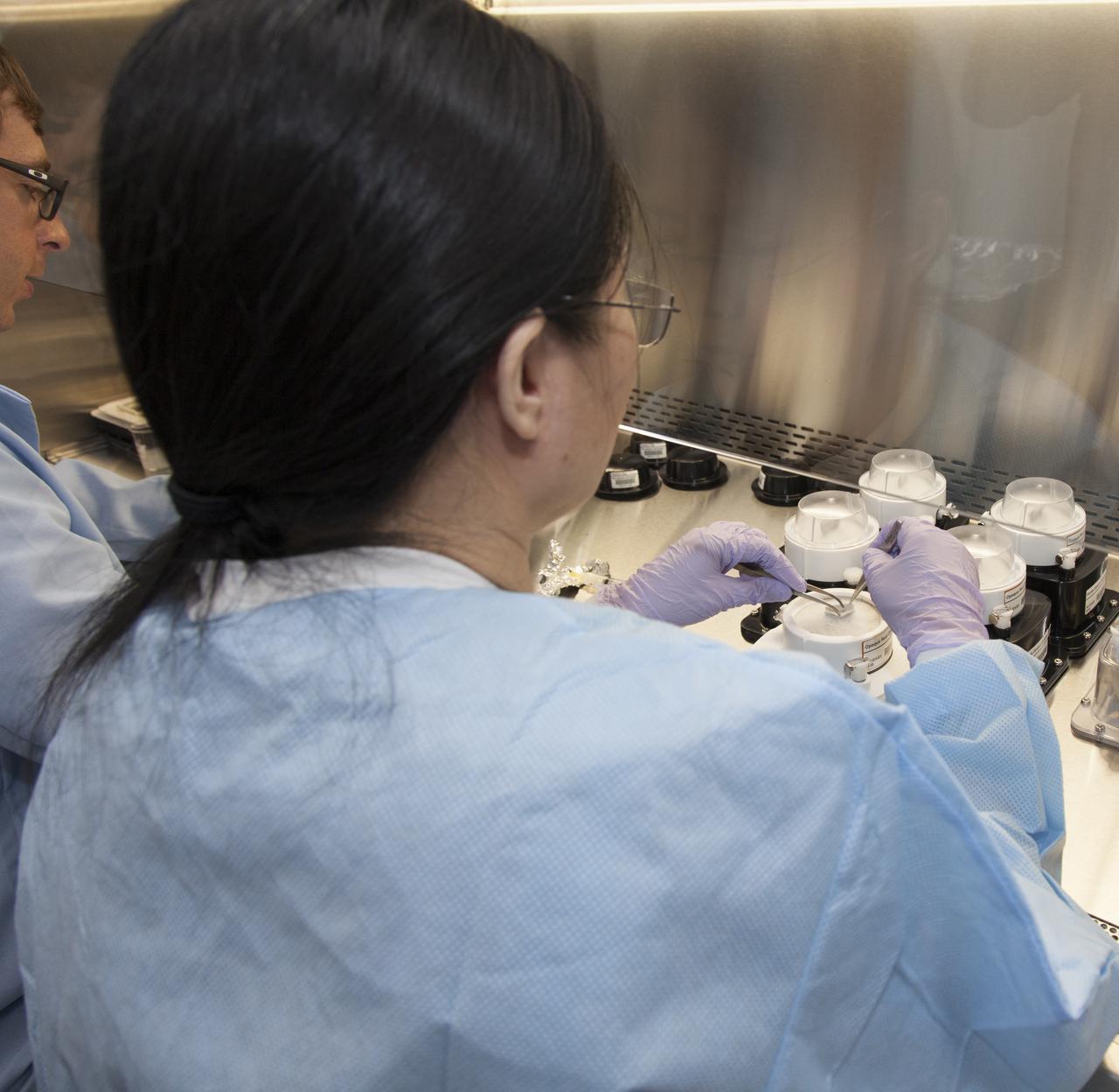 Dr. Ye Zhang, a project scientists, places seeds in Veggie Passive Orbital Nutrient Delivery System (PONDS) units inside a laboratory at the Space Station Processing Facility at NASA's Kennedy Space Center in Florida. Veggie PONDS is a direct follow-on to the Veg-01 and Veg-03 hardware and plant growth validation tests. The primary goal of this newly developed plant growing system, Veggie PONDS, is to demonstrate uniform plant growth. PONDS units have features that are designed to mitigate microgravity effects on water distribution, increase oxygen exchange and provide sufficient room for root zone growth. PONDS is planned for use during Veg-04 and Veg-05 on the International Space Station after the Veggie PONDS Validation flights on SpaceX-14 and OA-9.