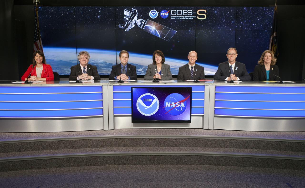 In the Kennedy Space Center's Press Site auditorium, NASA and industry leaders speak to members of the media at a prelaunch news conference about National Oceanic and Atmospheric Administration's, or NOAA's, Geostationary Operational Environmental Satellite, or GOES-S. Participants from left are: Tori McLendon of NASA Communications; Stephen Volz, director for Satellite and Information Services for NOAA; Tim Walsh, acting GOES-R System Program director for NOAA; Sandra Smalley, director of the Joint Agency Satellite Division at NASA Headquarters in Washington D.C.; Tim Dunn, NASA launch director at Kennedy; Scott Messer, manager of NASA Programs for United launch Alliance; and Kathy Winters, launch weather officer for the U.S. Air Force 45th Weather Squadron at Cape Canaveral Air Force Station. The GOES series of satellites will significantly improve the detection and observation of environmental phenomena that directly affect public safety, protection of property and the nation's economic health and prosperity. GOES-S is slated to lift off at 5:02 p.m. EST on March 1, 2018 aboard a United Launch Alliance Atlas V rocket.