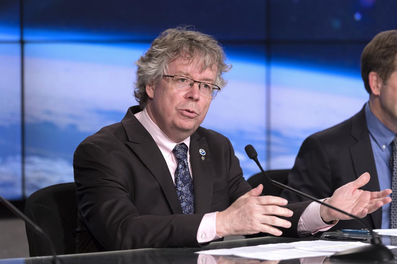 In the Kennedy Space Center's Press Site auditorium, Stephen Volz, director for Satellite and Information Services for NOAA, speaks to members of the media at a prelaunch news conference about National Oceanic and Atmospheric Administration's, or NOAA's, Geostationary Operational Environmental Satellite, or GOES-S. The GOES series of satellites will significantly improve the detection and observation of environmental phenomena that directly affect public safety, protection of property and the nation's economic health and prosperity. GOES-S is slated to lift off at 5:02 p.m. EST on March 1, 2018 aboard a United Launch Alliance Atlas V rocket.