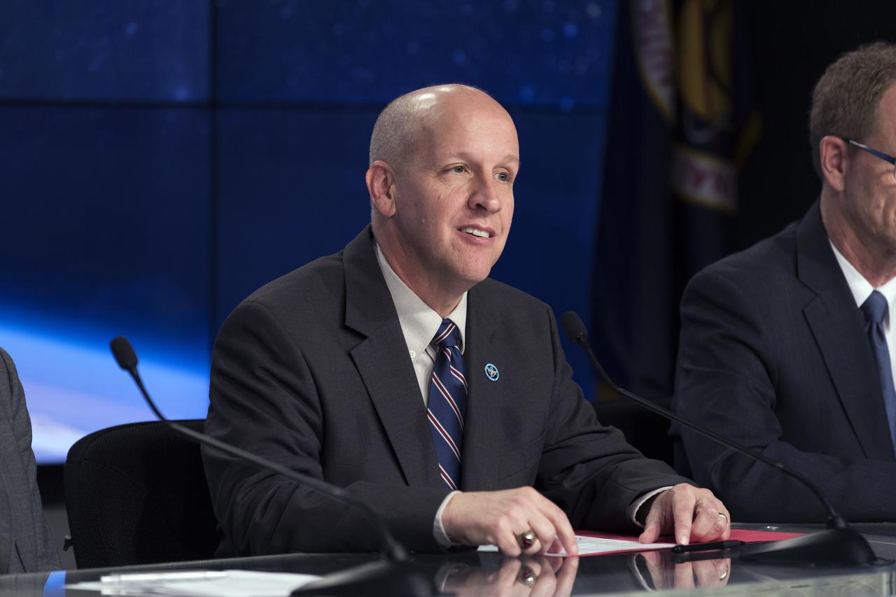In the Kennedy Space Center's Press Site auditorium, Tim Dunn, NASA launch director at Kennedy, speaks to members of the media at a prelaunch news conference about National Oceanic and Atmospheric Administration's, or NOAA's, Geostationary Operational Environmental Satellite, or GOES-S. The GOES series of satellites will significantly improve the detection and observation of environmental phenomena that directly affect public safety, protection of property and the nation's economic health and prosperity. GOES-S is slated to lift off at 5:02 p.m. EST on March 1, 2018 aboard a United Launch Alliance Atlas V rocket.