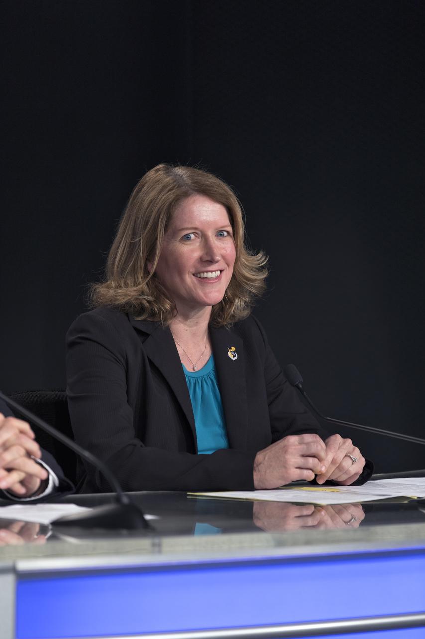 In the Kennedy Space Center's Press Site auditorium, and Kathy Winters, launch weather officer for the U.S. Air Force 45th Weather Squadron at Cape Canaveral Air Force Station, speaks to members of the media at a prelaunch news conference about National Oceanic and Atmospheric Administration's, or NOAA's, Geostationary Operational Environmental Satellite, or GOES-S. The GOES series of satellites will significantly improve the detection and observation of environmental phenomena that directly affect public safety, protection of property and the nation's economic health and prosperity. GOES-S is slated to lift off at 5:02 p.m. EST on March 1, 2018 aboard a United Launch Alliance Atlas V rocket.