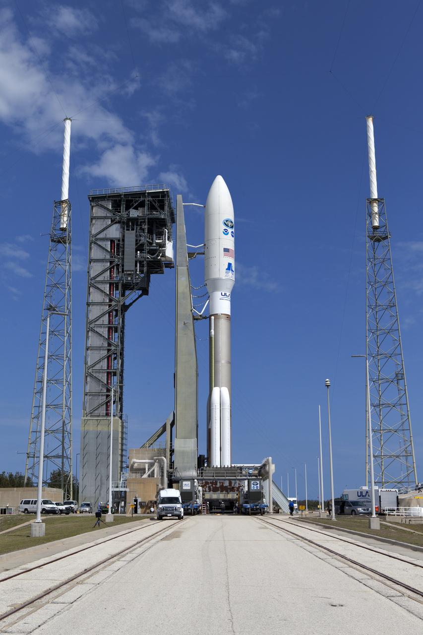 A United Launch Alliance Atlas V rocket is rolled to Space Launch Complex 41 at Cape Canaveral Air Force Station. The launch vehicle will send the National Oceanic and Atmospheric Administration's, or NOAA's, Geostationary Operational Environmental Satellite, or GOES-S, into orbit. The GOES series is designed to significantly improve the detection and observation of environmental phenomena that directly affect public safety, protection of property and the nation's economic health and prosperity. GOES-S is slated to lift off at 5:02 p.m. EST on March 1, 2018 aboard a United Launch Alliance Atlas V rocket.