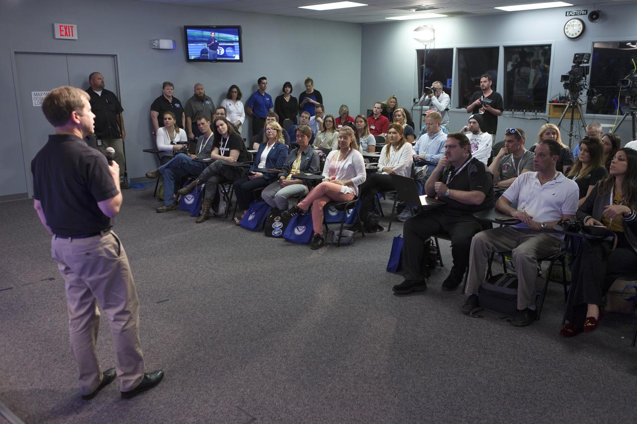 Tim Walsh, GOES-R System Program director for the National Oceanic and Atmospheric Administration, or NOAA, speaks to members of social media in the Kennedy Space Center’s Press Site auditorium. The briefing focused on the Geostationary Operational Environmental Satellite, or GOES-S, the second spacecraft in a series of next-generation NOAA weather satellites. It will launch to a geostationary position over the U.S. to provide images of storms and help predict weather forecasts, severe weather outlooks, watches, warnings, lightning conditions and longer-term forecasting. GOES-S is slated to lift off at 5:02 p.m. EST on March 1, 2018 aboard a United Launch Alliance Atlas V rocket.