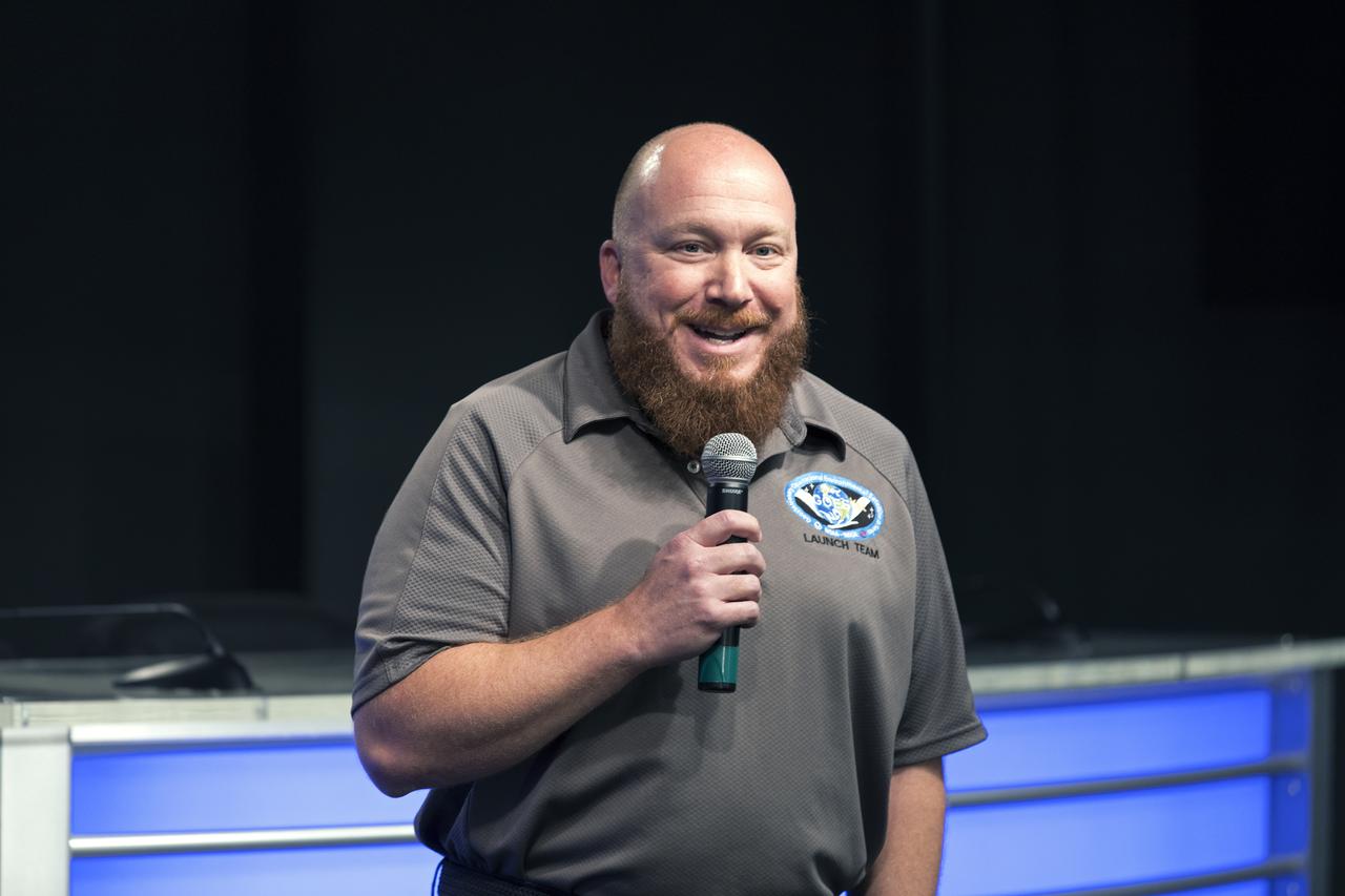 A.J. Sandora, Lockheed Martin's GOES-R Series Mechanical Operations Assembly, Test and Launch Operations (ATLO) manager, speaks to members of social media in the Kennedy Space Center’s Press Site auditorium. The briefing focused on the National Oceanic and Atmospheric Administration's, or NOAA's, Geostationary Operational Environmental Satellite, or GOES-S. Built by Lockheed Martin Space Systems of Littleton, Colorado, the spacecraft is the second satellite in a series of next-generation NOAA weather satellites. It will launch to a geostationary position over the U.S. to provide images of storms and help predict weather forecasts, severe weather outlooks, watches, warnings, lightning conditions and longer-term forecasting. GOES-S is slated to lift off at 5:02 p.m. EST on March 1, 2018 aboard a United Launch Alliance Atlas V rocket.