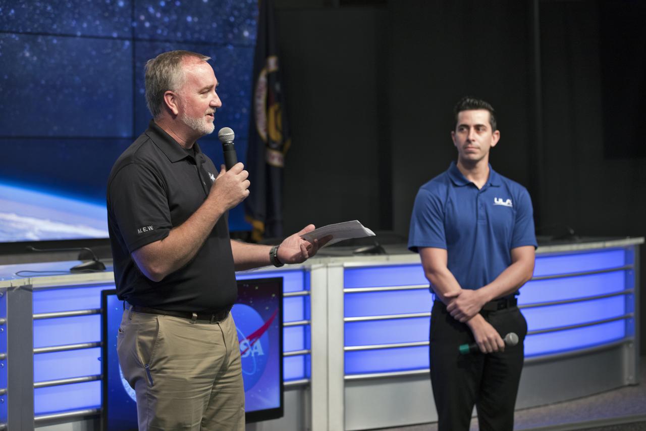 Mic Woltman, chief of the Fleet Systems Integration Branch of NASA's Launch Services Program, left, and Gabriel Rodriguez-Mena, a United Launch Alliance systems test engineer, speak to members of social media in the Kennedy Space Center’s Press Site auditorium. The briefing focused on the National Oceanic and Atmospheric Administration's, or NOAA's, Geostationary Operational Environmental Satellite, or GOES-S. The spacecraft is the second satellite in a series of next-generation NOAA weather satellites. It will launch to a geostationary position over the U.S. to provide images of storms and help predict weather forecasts, severe weather outlooks, watches, warnings, lightning conditions and longer-term forecasting. GOES-S is slated to lift off at 5:02 p.m. EST on March 1, 2018 aboard a United Launch Alliance Atlas V rocket.