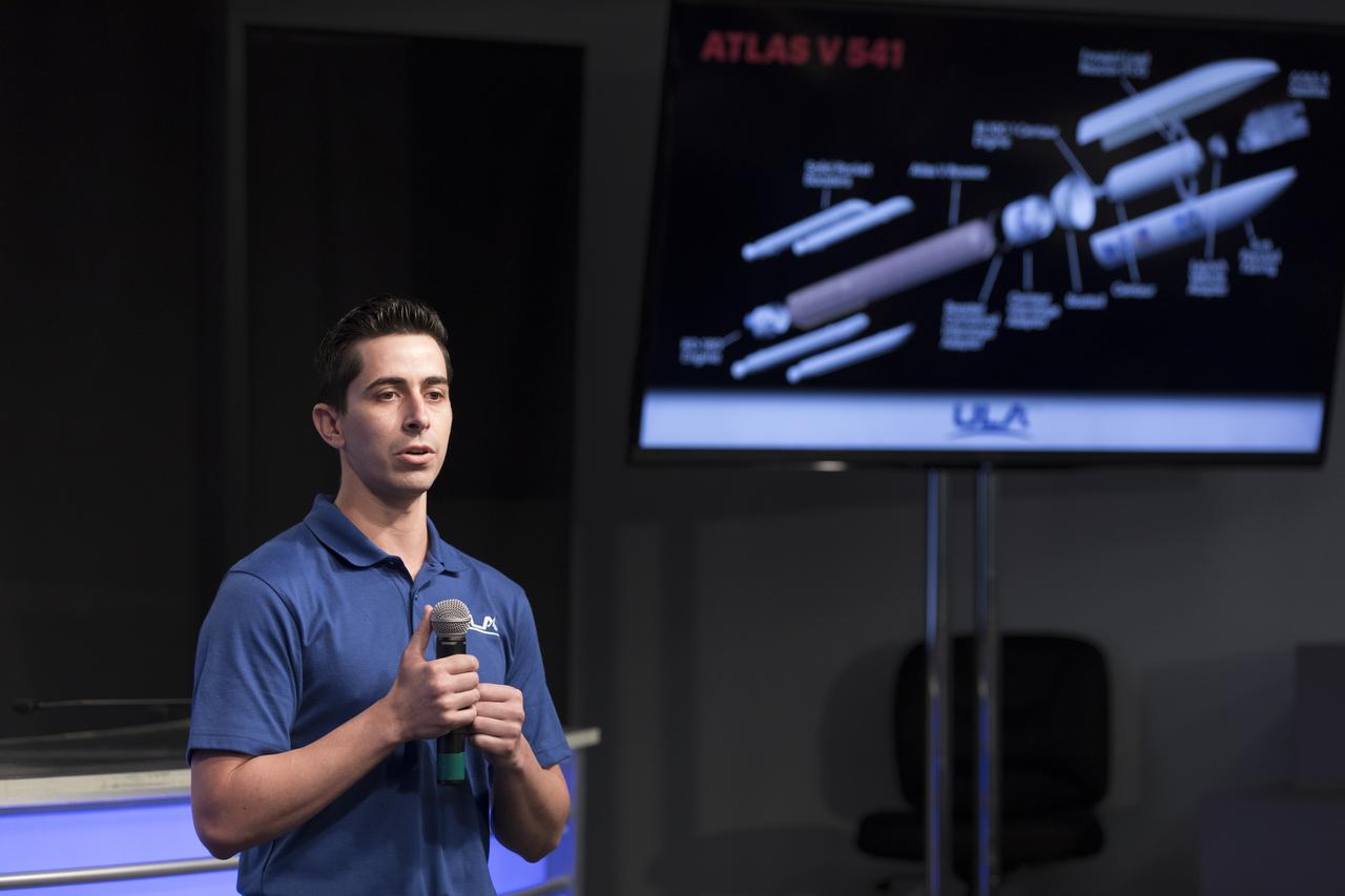 Gabriel Rodriguez-Mena, a United Launch Alliance systems test engineer, speaks to members of social media in the Kennedy Space Center’s Press Site auditorium. The briefing focused on the National Oceanic and Atmospheric Administration's, or NOAA's, Geostationary Operational Environmental Satellite, or GOES-S. The spacecraft is the second satellite in a series of next-generation NOAA weather satellites. It will launch to a geostationary position over the U.S. to provide images of storms and help predict weather forecasts, severe weather outlooks, watches, warnings, lightning conditions and longer-term forecasting. GOES-S is slated to lift off at 5:02 p.m. EST on March 1, 2018 aboard a United Launch Alliance Atlas V rocket.