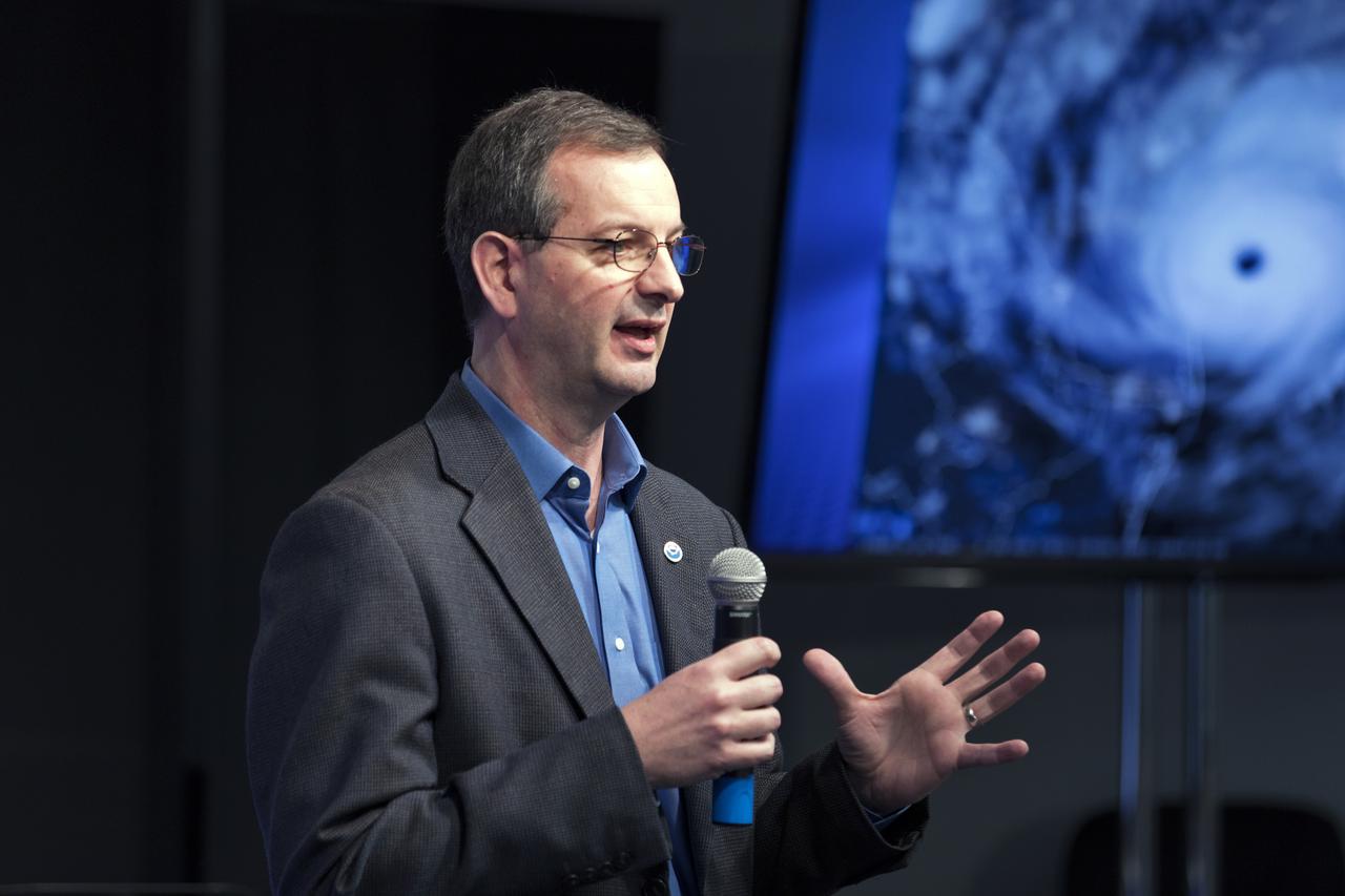 Joe Pica, director of the Office of Observations for the National Oceanic and Atmospheric Administration's, or NOAA’s, National Weather Service, speaks to members of social media in the Kennedy Space Center’s Press Site auditorium. The briefing focused on the Geostationary Operational Environmental Satellite, or GOES-S, the second spacecraft in a series of next-generation NOAA weather satellites. It will launch to a geostationary position over the U.S. to provide images of storms and help predict weather forecasts, severe weather outlooks, watches, warnings, lightning conditions and longer-term forecasting. GOES-S is slated to lift off at 5:02 p.m. EST on March 1, 2018 aboard a United Launch Alliance Atlas V rocket.