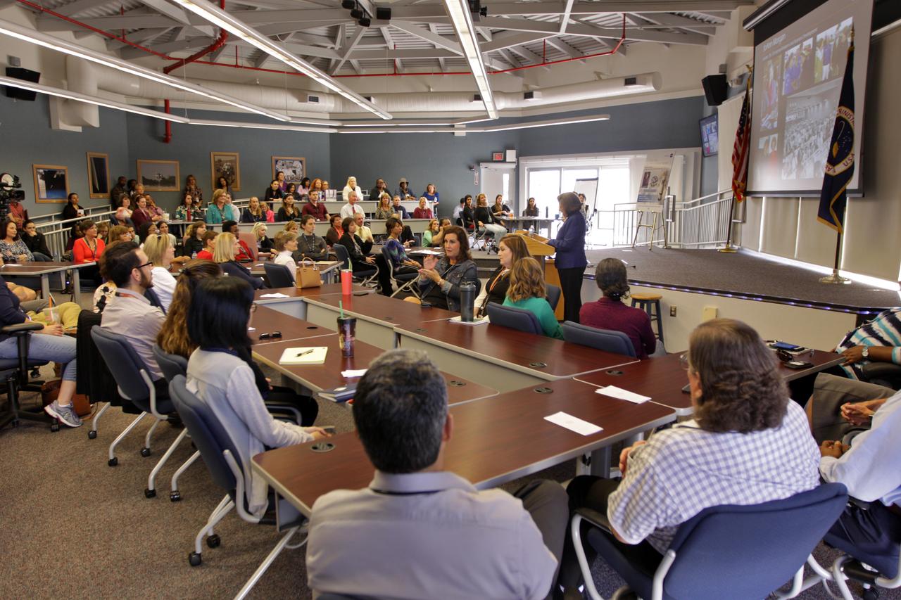 JoAnn Morgan, former associate director of NASA Kennedy Space Center, speaks to workers during a Women's History Month event at the center. With the theme "Nevertheless She Persisted," Morgan described her experience as the first female engineer working in the space program in the 1960s. Morgan was the first female in the Launch Control Center firing room during the Apollo 11 launch. The event was hosted by the center's Kennedy Networking Opportunities for Women (KNOW) and Launching Leaders organizations. The purpose of KNOW is to provide focus on issues such as employment, retention, promotion, training, career and personal development, education, and identify and eliminate barriers that hinder the advancement of women in the workforce. 