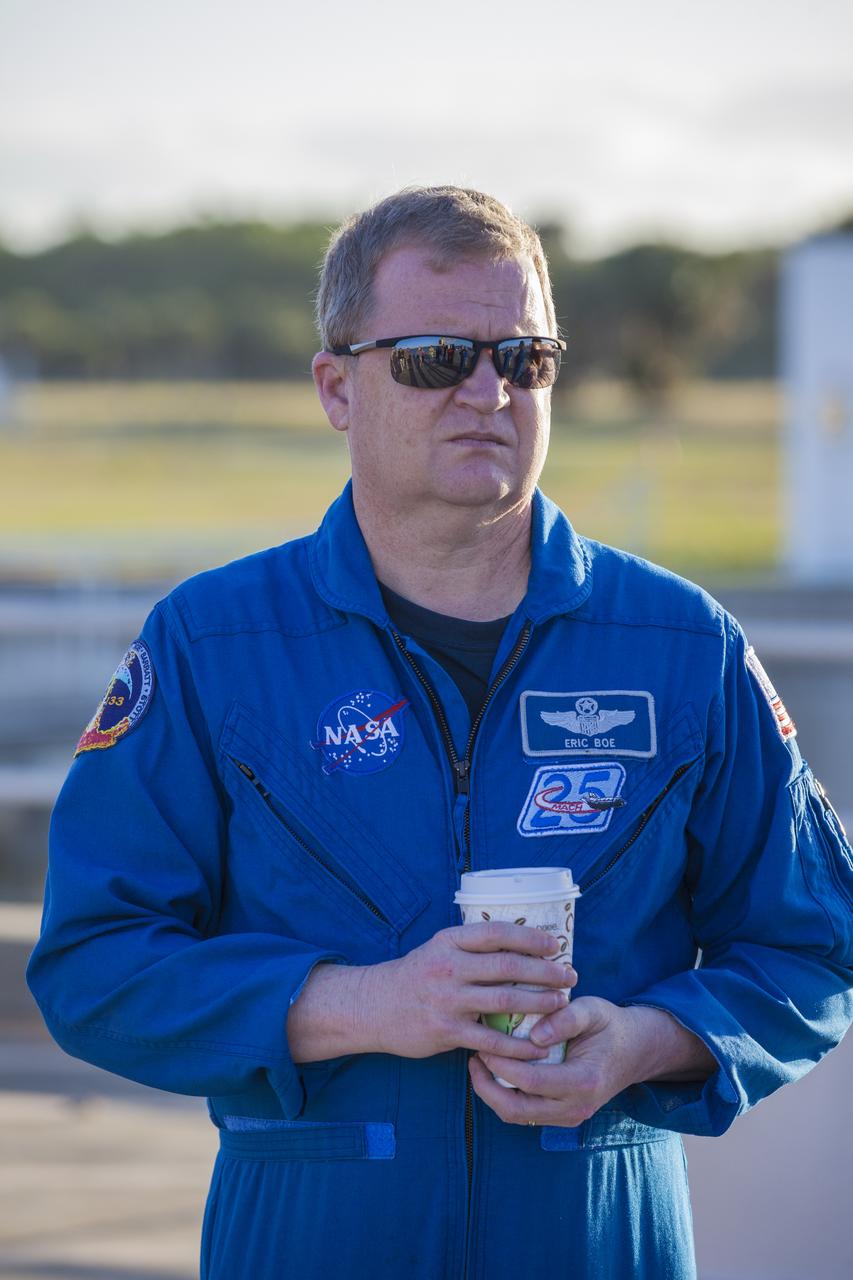 At Cape Canaveral Air Force Station's Naval Ordnance Test Unit basin in Florida, Commercial Crew Program astronaut Eric Boe observes operation of the SpaceX recovery ship. During a recent visit to the Kennedy Space Center, the crew members were given an up-close look at preparations for the SpaceX Crew Dragon flight tests. 