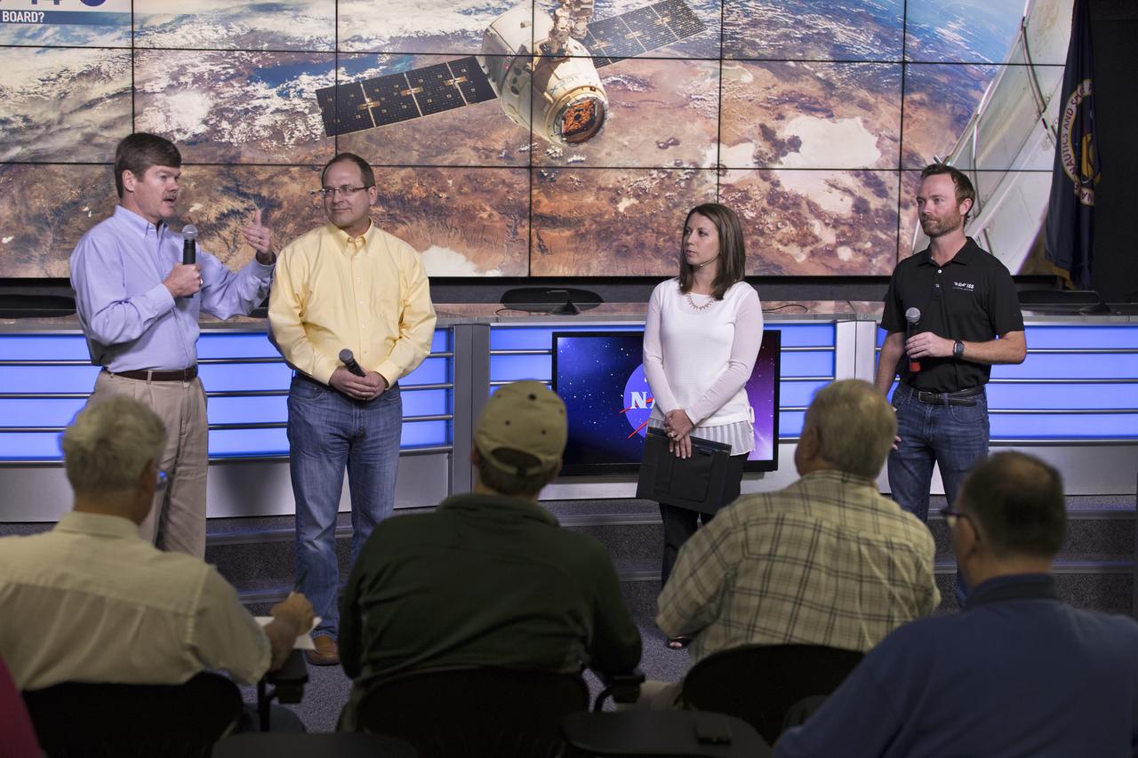 From left, Pete Hasbrook, associate program scientist, International Space Station Program at NASA's Johnson Space Center in Houston; Craig Kundrot, director, NASA's Space Life and Physical Science Research and Applications; Marie Lewis, moderator, Kennedy Space Center; and Patrick O'Neill, Marketing and Communications Manager, Center for the Advancement of Science in Space, speak to members of the media in the Kennedy Space Center Press Site auditorium. The briefing focused on research planned for launch to the International Space Station. The scientific materials and supplies will be aboard a Dragon spacecraft scheduled for liftoff from Cape Canaveral Air Force Station's Space Launch Complex 40 at 4:30 p.m. EST, on April 2, 2018. The SpaceX Falcon 9 rocket will launch the company's 14th Commercial Resupply Services mission to the space station.