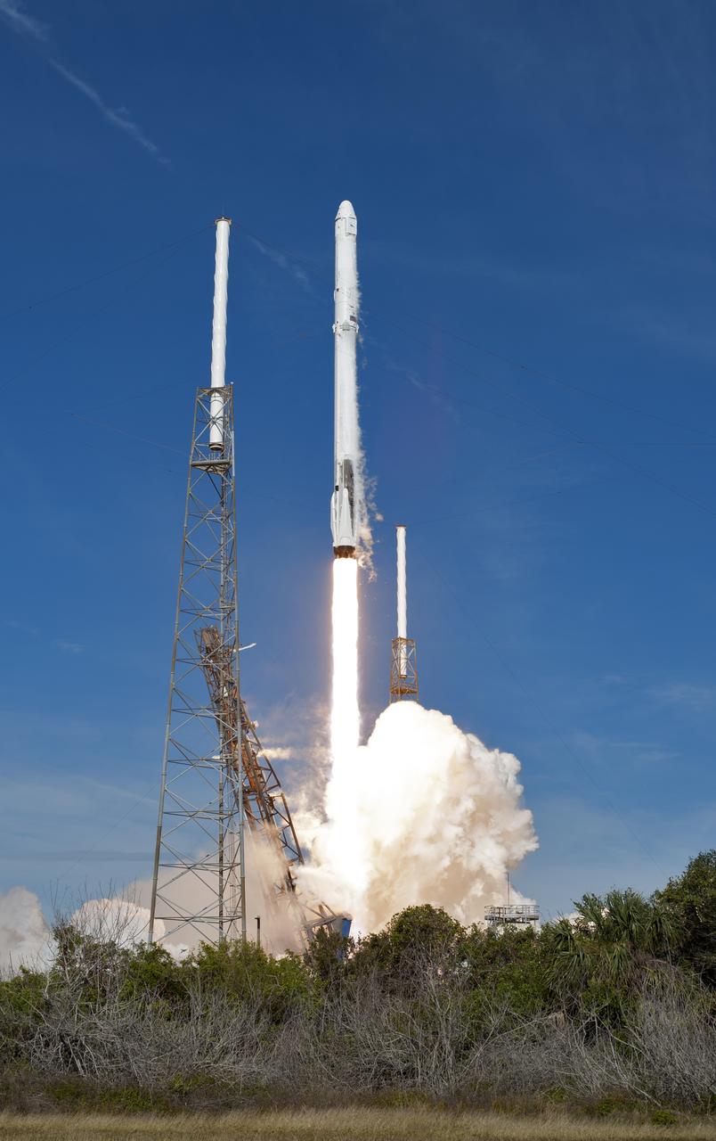 A SpaceX Falcon 9 rocket soars upward after lifting off from Space Launch Complex 40 at Cape Canaveral Air Force Station in Florida at 4:30 p.m. EDT, carrying the SpaceX Dragon resupply spacecraft. On its 14th commercial resupply services mission for NASA, Dragon will deliver supplies, equipment and new science experiments for technology research to the space station. 