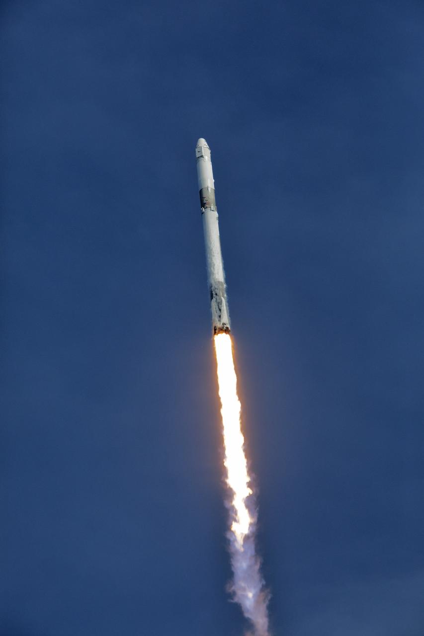 A SpaceX Falcon 9 rocket soars upward after lifting off from Space Launch Complex 40 at Cape Canaveral Air Force Station in Florida at 4:30 p.m. EST, carrying the SpaceX Dragon resupply spacecraft. On its 14th commercial resupply services mission for NASA, Dragon will deliver supplies, equipment and new science experiments for technology research to the space station. 