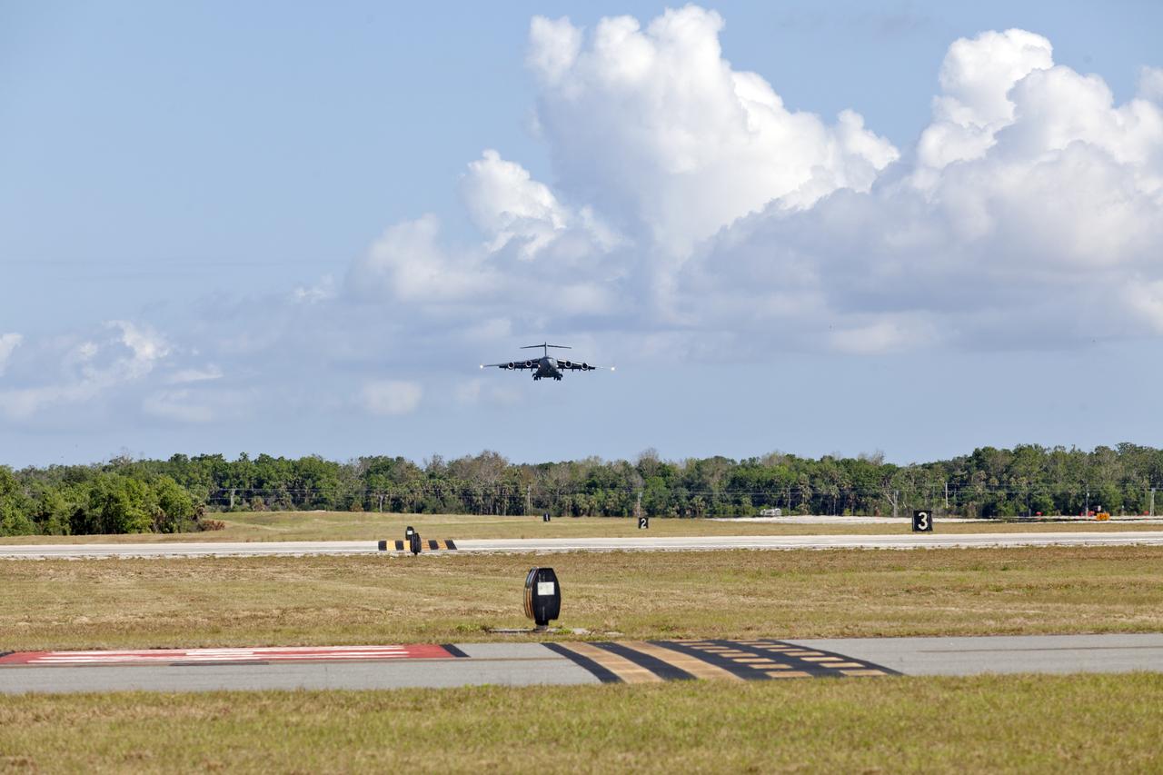 A U.S. Air Force C-5 transport aircraft approaches the runway for landing at Space Coast Regional Airport in Titusville, Florida, with NASA's Parker Solar Probe spacecraft aboard. The spacecraft will be offloaded and transported to the Astrotech processing facility near the agency's Kennedy Space Center. The Parker Solar Probe will launch on a United Launch Alliance Delta IV Heavy rocket from Space Launch Complex 37 at Cape Canaveral Air Force Station in Florida in July 2018. The mission will perform the closest-ever observations of a star when it travels through the Sun's atmosphere, called the corona. The probe will rely on measurements and imaging to revolutionize our understanding of the corona and the Sun-Earth connection. 