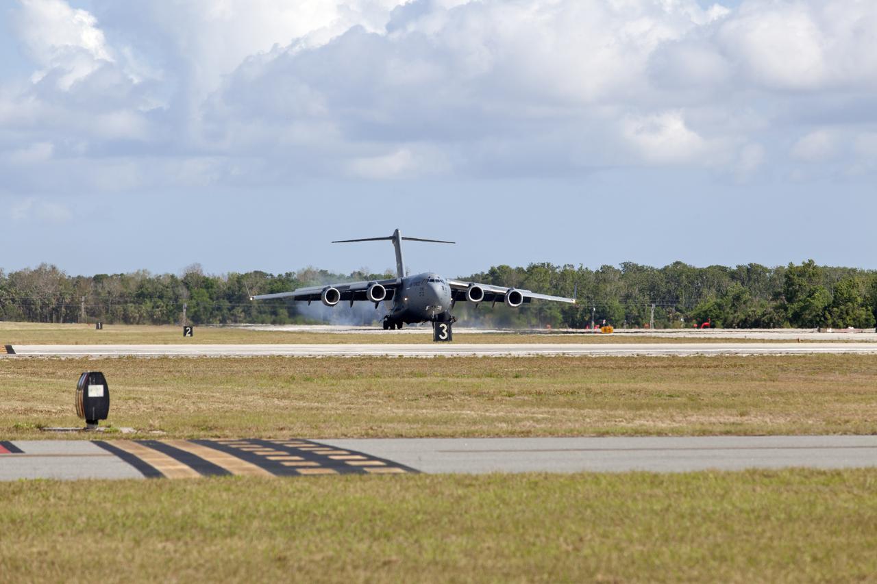 A U.S. Air Force C-5 transport aircraft touches down at Space Coast Regional Airport in Titusville, Florida, with NASA's Parker Solar Probe spacecraft aboard. The spacecraft will be offloaded and transported to the Astrotech processing facility near the agency's Kennedy Space Center. The Parker Solar Probe will launch on a United Launch Alliance Delta IV Heavy rocket from Space Launch Complex 37 at Cape Canaveral Air Force Station in Florida in July 2018. The mission will perform the closest-ever observations of a star when it travels through the Sun's atmosphere, called the corona. The probe will rely on measurements and imaging to revolutionize our understanding of the corona and the Sun-Earth connection. 