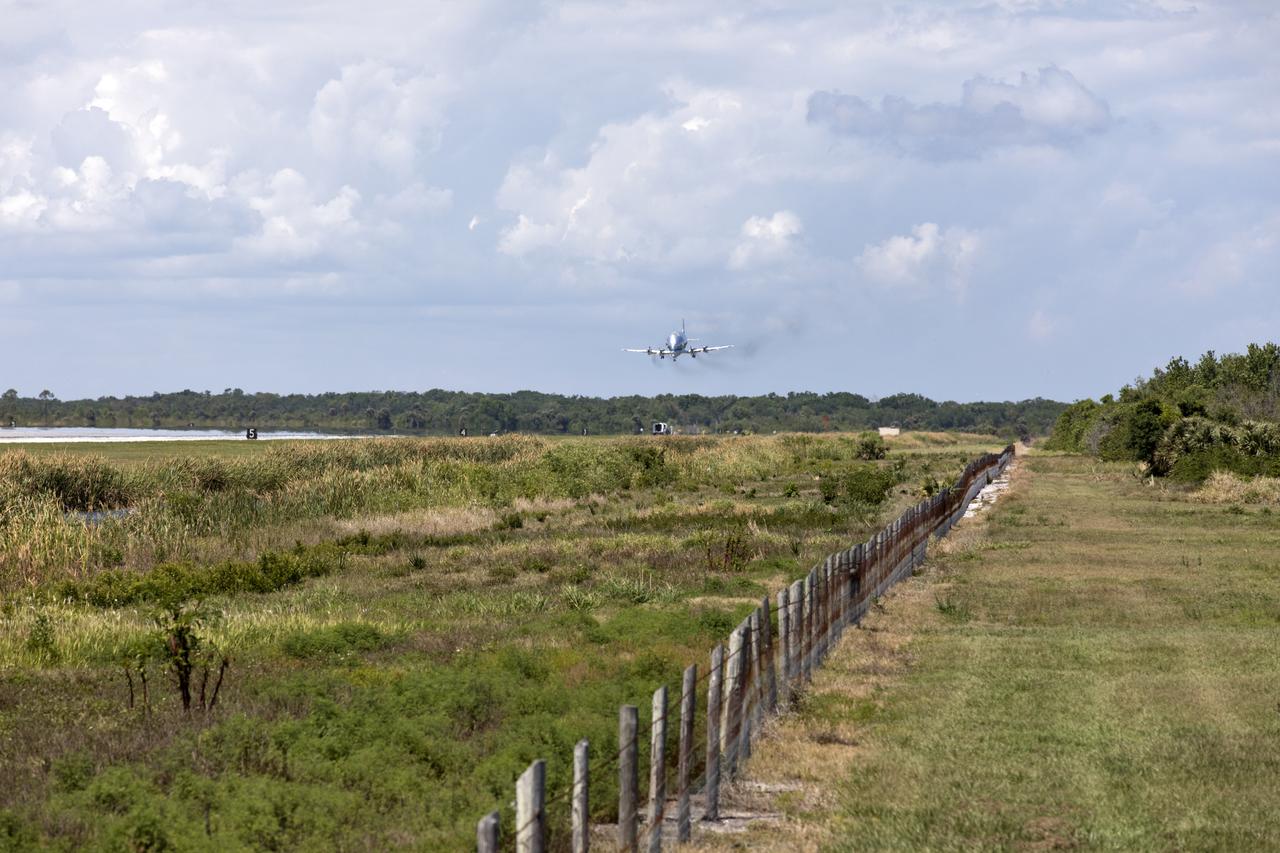 NASA's Super Guppy aircraft prepares to touch down at the Shuttle Landing Facility at the agency's Kennedy Space Center in Florida. The Super Guppy is carrying the Orion Stage Adapter (OSA), the second flight-hardware section of NASA's Space Launch System (SLS) rocket that has arrived at Kennedy. The OSA will connect the Orion spacecraft to the upper part of the SLS rocket, the interim cryogenic propulsion stage (ICPS). Both the OSA and ICPS are being stored for processing in the center's Space Station Processing Facility in preparation for Exploration Mission-1, the first uncrewed, integrated launch of the SLS rocket and Orion spacecraft.