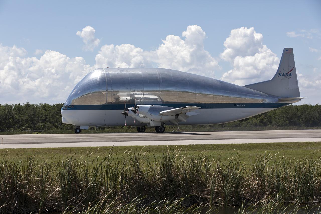 NASA's Super Guppy aircraft glides to a stop at the Shuttle Landing Facility at the agency's Kennedy Space Center in Florida. The Super Guppy is carrying the Orion Stage Adapter (OSA), the second flight-hardware section of NASA's Space Launch System (SLS) rocket that has arrived at Kennedy. The OSA will connect the Orion spacecraft to the upper part of the SLS rocket, the interim cryogenic propulsion stage (ICPS). Both the OSA and ICPS are being stored for processing in the center's Space Station Processing Facility in preparation for Exploration Mission-1, the first uncrewed, integrated launch of the SLS rocket and Orion spacecraft. 