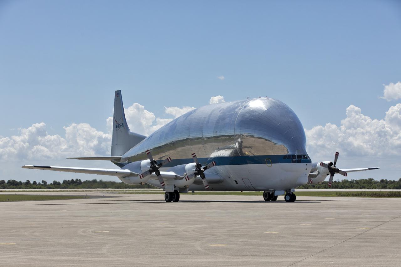NASA's Super Guppy aircraft taxies onto the tarmac after touching down at the Shuttle Landing Facility at the agency's Kennedy Space Center in Florida. The Super Guppy is carrying the Orion Stage Adapter (OSA), the second flight-hardware section of NASA's Space Launch System (SLS) rocket that has arrived at Kennedy. The OSA will connect the Orion spacecraft to the upper part of the SLS rocket, the interim cryogenic propulsion stage (ICPS). Both the OSA and ICPS are being stored for processing in the center's Space Station Processing Facility in preparation for Exploration Mission-1, the first uncrewed, integrated launch of the SLS rocket and Orion spacecraft. 