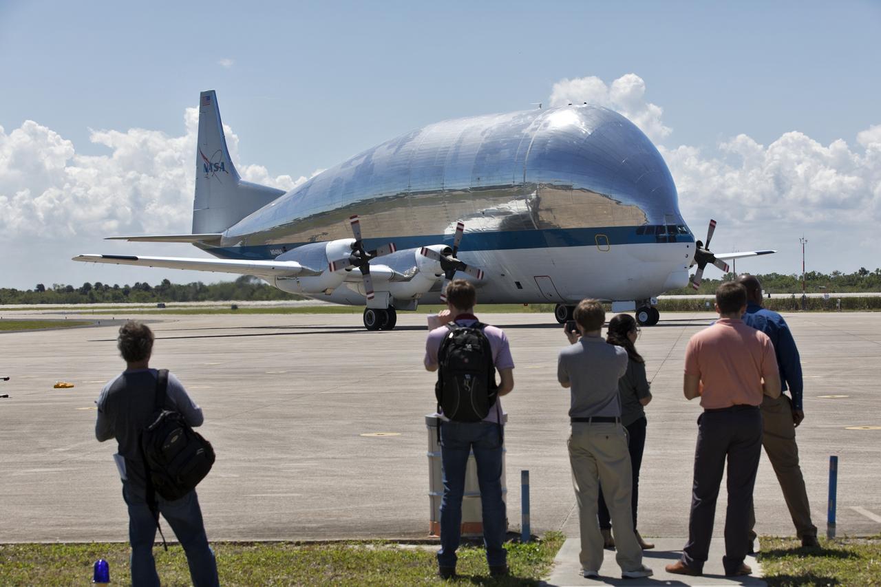 NASA's Super Guppy aircraft taxies onto the tarmac after touching down at the Shuttle Landing Facility at the agency's Kennedy Space Center in Florida. The Super Guppy is carrying the Orion Stage Adapter (OSA), the second flight-hardware section of NASA's Space Launch System (SLS) rocket that has arrived at Kennedy. The OSA will connect the Orion spacecraft to the upper part of the SLS rocket, the interim cryogenic propulsion stage (ICPS). Both the OSA and ICPS are being stored for processing in the center's Space Station Processing Facility in preparation for Exploration Mission-1, the first uncrewed, integrated launch of the SLS rocket and Orion spacecraft. 