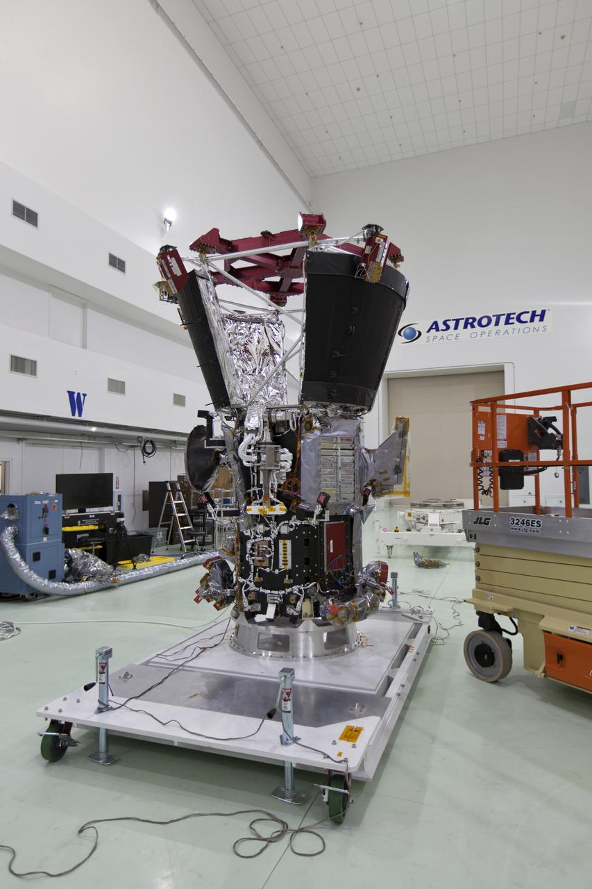At the Astrotech processing facility in Titusville, Florida, near NASA's Kennedy Space Center, NASA's Parker Solar Probe has been removed from its shipping bag on Wednesday, April 4, 2018. The Parker Solar Probe will launch on a United Launch Alliance Delta IV Heavy rocket from Space Launch Complex 37 at Cape Canaveral Air Force Station in Florida no earlier than Aug. 4, 2018. The mission will perform the closest-ever observations of a star when it travels through the Sun's atmosphere, called the corona. The probe will rely on measurements and imaging to revolutionize our understanding of the corona and the Sun-Earth connection.