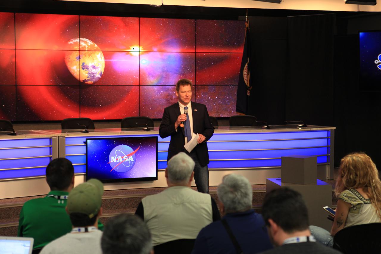 NASA and industry leaders speak to NASA Social participants about the agency's Transiting Exoplanet Survey Satellite (TESS) in the Press Site auditorium at Kennedy Space Center in Florida. Speaking to the group is Hans Koenigsmann, vice president of Build and Flight Reliability at SpaceX. TESS is the next step in the search for planets outside of our solar system. The mission will find exoplanets that periodically block part of the light from their host stars, events called transits. The satellite will survey the nearest and brightest stars for two years to search for transiting exoplanets. TESS will launch on a SpaceX Falcon 9 rocket from Space Launch Complex 40 at Cape Canaveral Air Force Station no earlier than 6:32 p.m. EDT on Monday, April 16. 