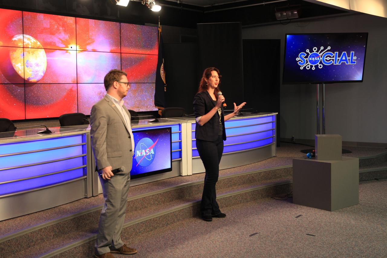 NASA and industry leaders speak to NASA Social participants about the agency's Transiting Exoplanet Survey Satellite (TESS) in the Press Site auditorium at Kennedy Space Center in Florida. Speaking to the group from left are Tom Barclay, TESS scientist, NASA’s Goddard Space Flight Center, and Jenn Burt, Torres Postdoctoral Fellow, Massachusetts Institute of Technology. TESS is the next step in the search for planets outside of our solar system. The mission will find exoplanets that periodically block part of the light from their host stars, events called transits. The satellite will survey the nearest and brightest stars for two years to search for transiting exoplanets. TESS will launch on a SpaceX Falcon 9 rocket from Space Launch Complex 40 at Cape Canaveral Air Force Station no earlier than 6:32 p.m. EDT on Monday, April 16. 