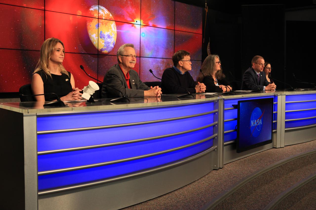 NASA and science investigators from MIT participate in a science briefing for the agency's Transiting Exoplanet Survey Satellite (TESS) in the Press Site auditorium at Kennedy Space Center in Florida. From left are moderator Claire Saravia, NASA Communications; Paul Hertz, Astrophysics Division director, NASA Headquarters; George Ricker, TESS principal investigator, Massachusetts Institute of Technology; Padi Boyd, TESS Guest Investigator Program lead, NASA’s Goddard Space Flight Center; Stephen Rinehart, TESS Project scientist, NASA’s Goddard Space Flight Center; and Diana Dragomir, NASA Hubble Postdoctoral Fellow, Massachusetts Institute of Technology. TESS is the next step in the search for planets outside of our solar system. The mission will find exoplanets that periodically block part of the light from their host stars, events called transits. The satellite will survey the nearest and brightest stars for two years to search for transiting exoplanets. TESS will launch on a SpaceX Falcon 9 rocket from Space Launch Complex 40 at Cape Canaveral Air Force Station no earlier than 6:32 p.m. EDT on Monday, April 16. 
