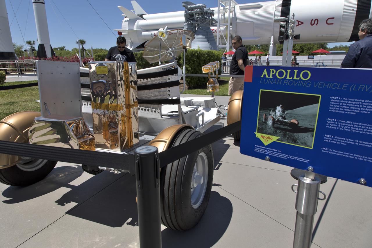 During the annual Earth Day celebration at the Kennedy Space Center Visitor Complex, guests have an opportunity to get an up-close look at experimental electric vehicles and see and Apollo era Lunar Roving Vehicle used in astronaut training. The battery-operated car was used on Apollos 15, 16 and 17 in 1971 and 1972. The two-day event featured approximately 50 exhibitors offering information on a variety of topics, including electric vehicles, sustainable lighting, renewable energy, Florida-friendly landscaping tips, Florida’s biking trails and more.