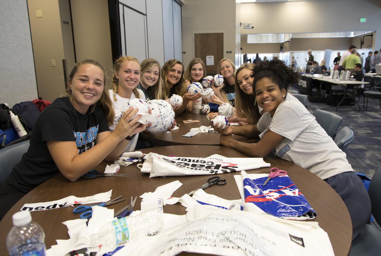 Students from Rockledge High School in Rockledge, Fla., make “plarn” – plastic yarn -- out of used plastic bags during Kennedy Space Center’s annual Earth Day celebration. The plarn was donated to be woven into mats for homeless veterans. The two-day Earth Day event featured approximately 50 exhibitors offering information on a variety of topics, including electric vehicles, sustainable lighting, renewable energy, Florida-friendly landscaping tips, Florida’s biking trails and more.