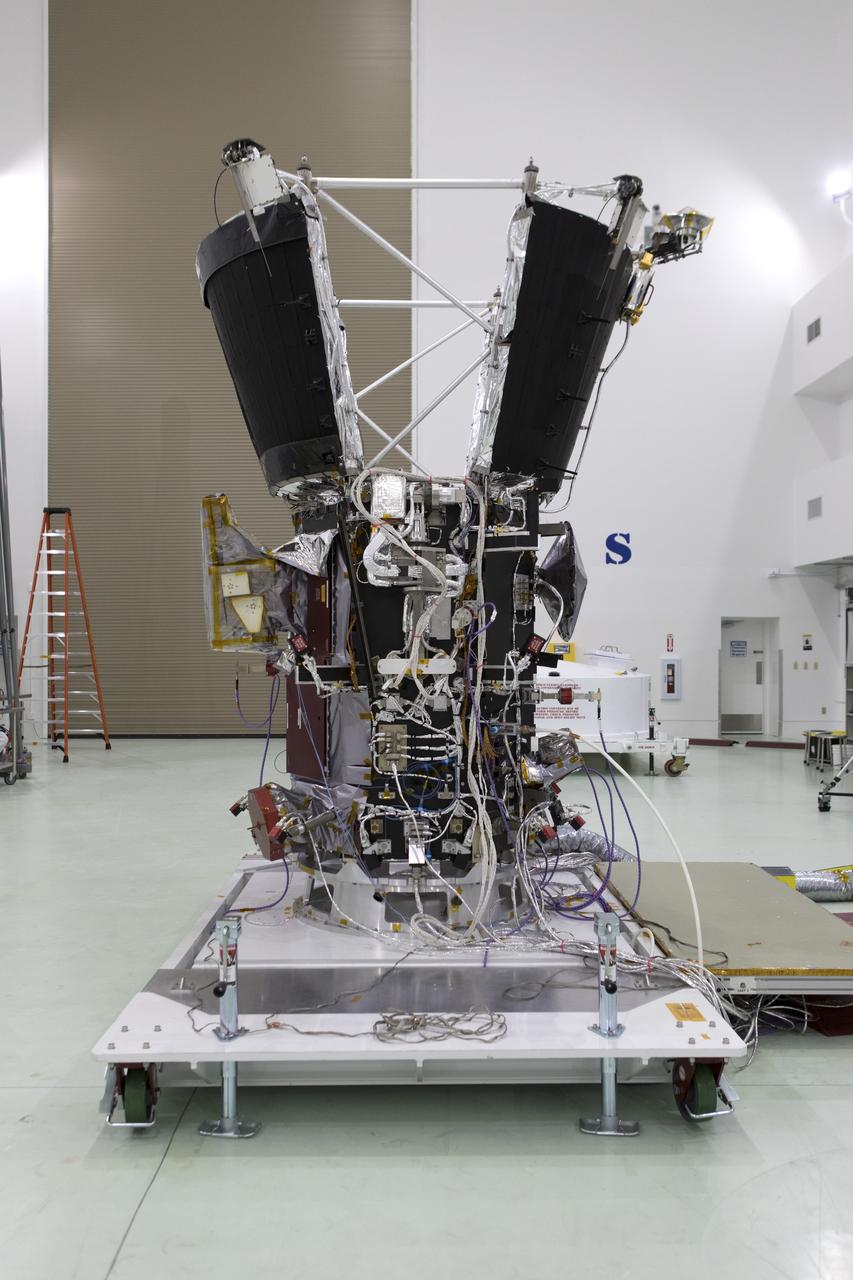 Antenna's on NASA's Parker Solar Probe are deployed for testing at the Astrotech processing facility in Titusville, Florida, near NASA's Kennedy Space Center on Thursday, April 19, 2018. The Parker Solar Probe will launch on a United Launch Alliance Delta IV Heavy rocket from Space Launch Complex 37 at Cape Canaveral Air Force Station in Florida no earlier than Aug. 4, 2018. The mission will perform the closest-ever observations of a star when it travels through the Sun's atmosphere, called the corona. The probe will rely on measurements and imaging to revolutionize our understanding of the corona and the Sun-Earth connection.
