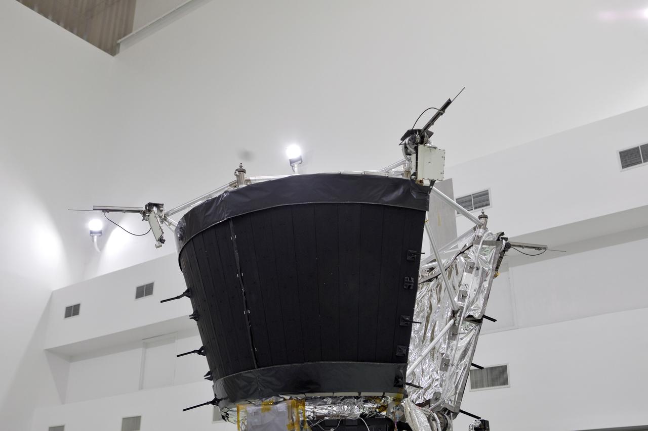Antenna's on NASA's Parker Solar Probe are deployed for testing at the Astrotech processing facility in Titusville, Florida, near NASA's Kennedy Space Center on Thursday, April 19, 2018. The Parker Solar Probe will launch on a United Launch Alliance Delta IV Heavy rocket from Space Launch Complex 37 at Cape Canaveral Air Force Station in Florida no earlier than Aug. 4, 2018. The mission will perform the closest-ever observations of a star when it travels through the Sun's atmosphere, called the corona. The probe will rely on measurements and imaging to revolutionize our understanding of the corona and the Sun-Earth connection.
