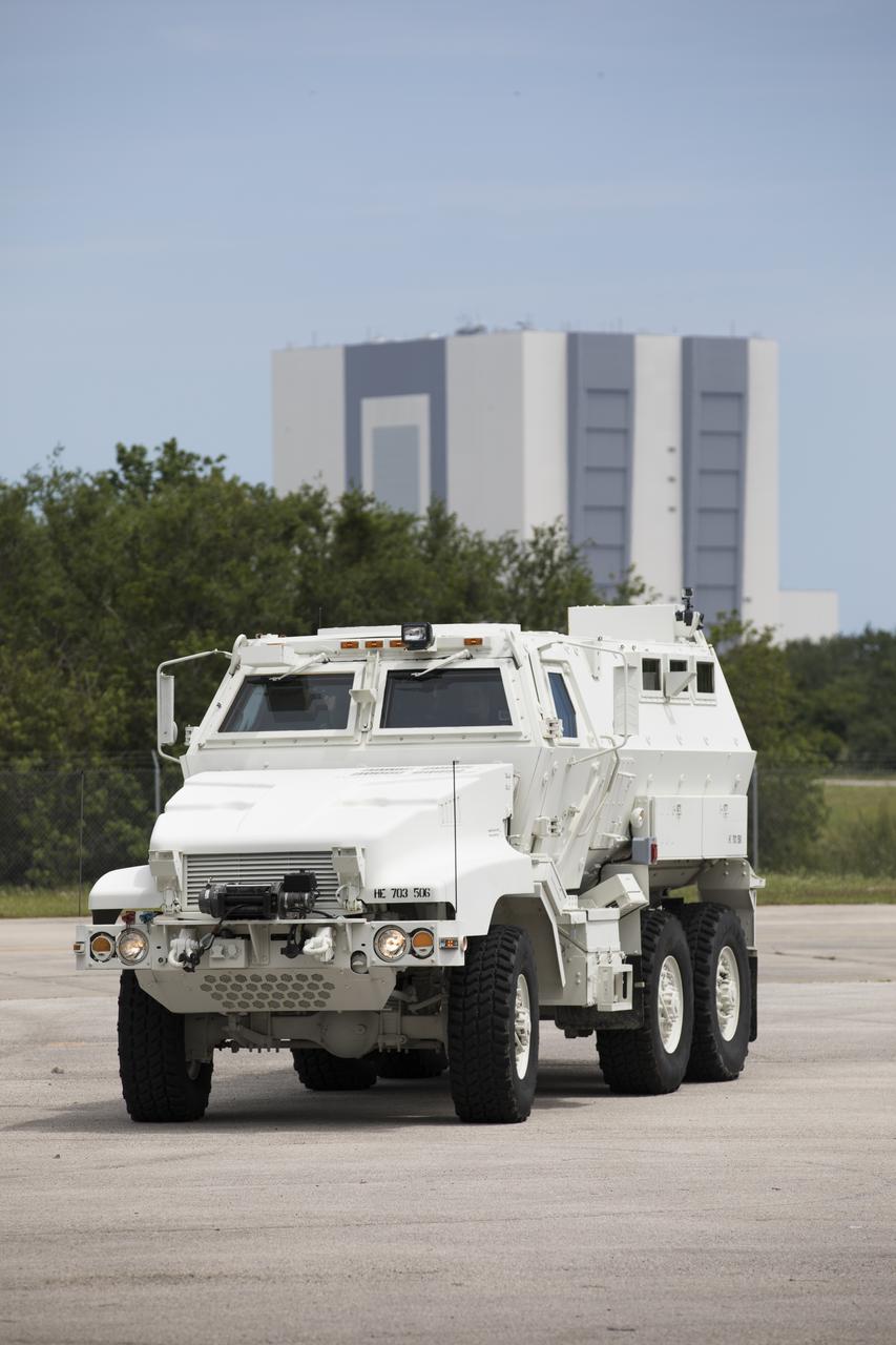 An MRAP armored vehicle goes through a training run on the Shuttle Landing Facility to support NASA's Commercial Crew Program at the agency's Kennedy Space Center in Florida. The 45,000-pound mine-resistant ambush protected vehicle, or MRAP, was originally designed for military applications. The MRAP offers a mobile bunker for astronauts and ground crews in the unlikely event they have to get away from the launch pad quickly in an emergency.
