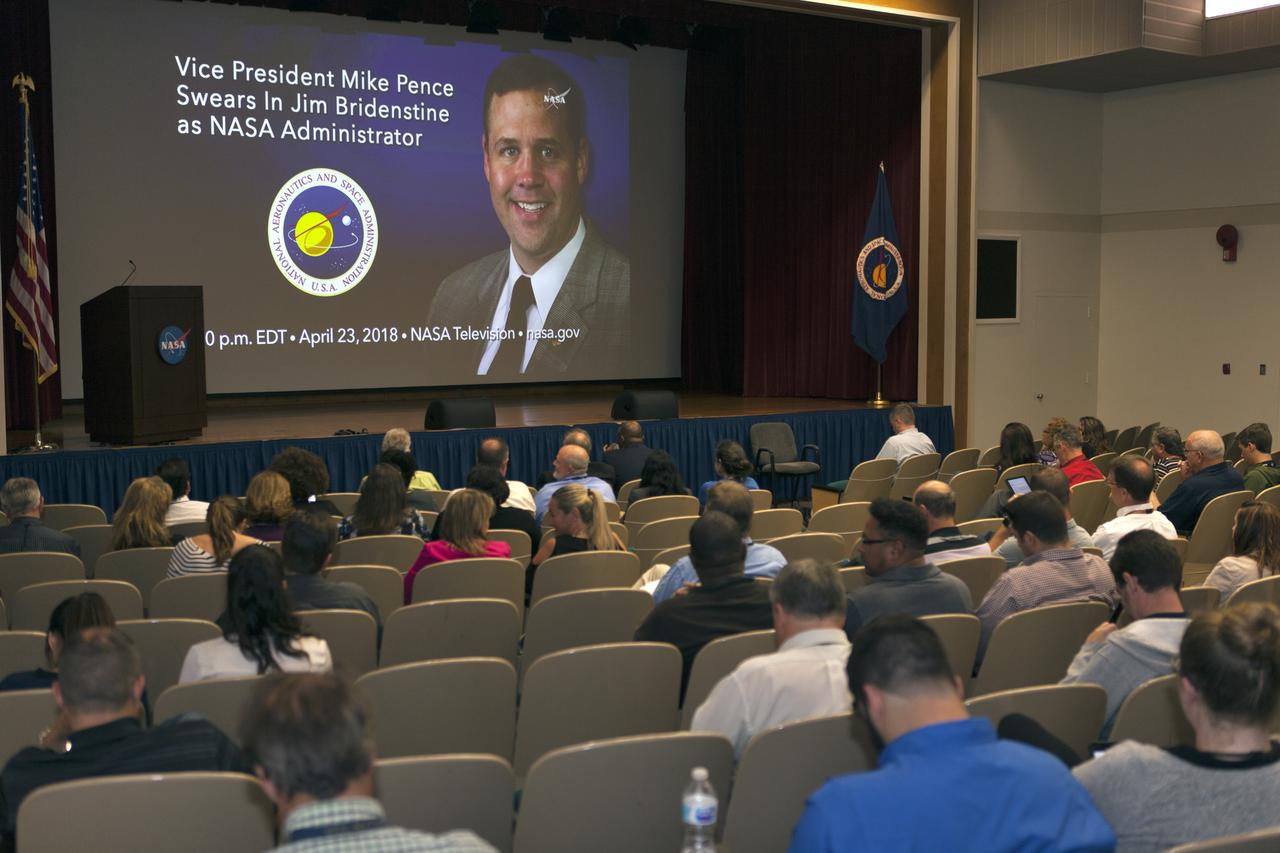In the Training Auditorium at NASA's Kennedy Space Center in Florida, employees attend a viewing of the swearing in of the agency's new administrator, Jim Bridenstine. He officially took office as the 13th administrator of NASA on April 23, 2018, after being given the oath of office by Vice President Mike Pence at the agency’s headquarters in Washington. Bridenstine was confirmed by the U.S. Senate on April 19.