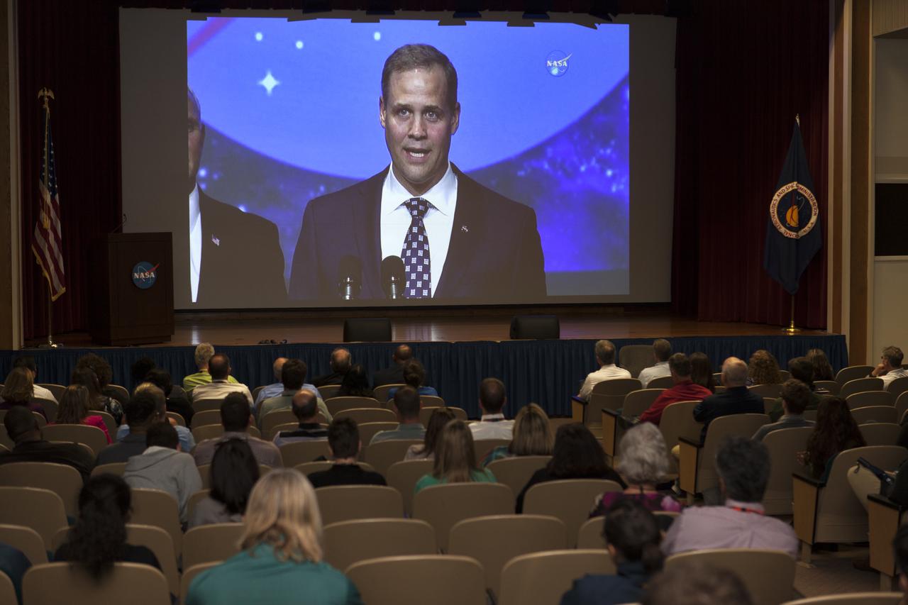 In the Training Auditorium at NASA's Kennedy Space Center in Florida, employees watch the swearing in of the agency's new administrator Jim Bridenstine. He was sworn in as the 13th administrator of NASA on April 23, 2018, after he was given the oath of office by Vice President Mike Pence at the agency’s headquarters in Washington. Bridenstine was confirmed by the U.S. Senate on April 19.