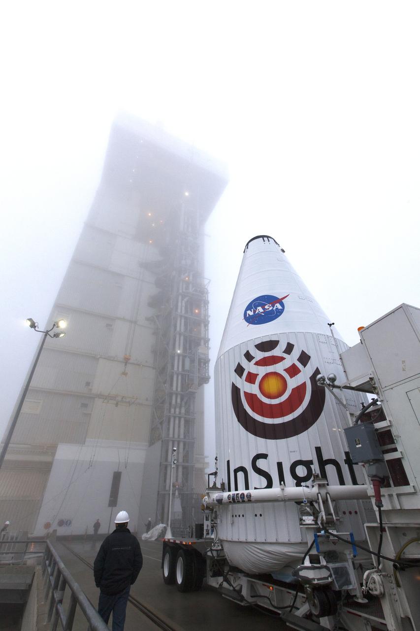 Encapsulated in its payload fairing NASA's Interior Exploration using Seismic Investigations, Geodesy and Heat Transport, or InSight, Mars lander arrives at Space Launch Complex 3 at Vandenberg Air Force Base in California. InSight will be the first mission to look deep beneath the Martian surface. It will study the planet's interior by measuring its heat output and listen for marsquakes. The spacecraft will use the seismic waves generated by marsquakes to develop a map of the planet’s deep interior. The resulting insight into Mars’ formation will provide a better understanding of how other rocky planets, including Earth, were created. InSight is scheduled for liftoff May 5, 2018.