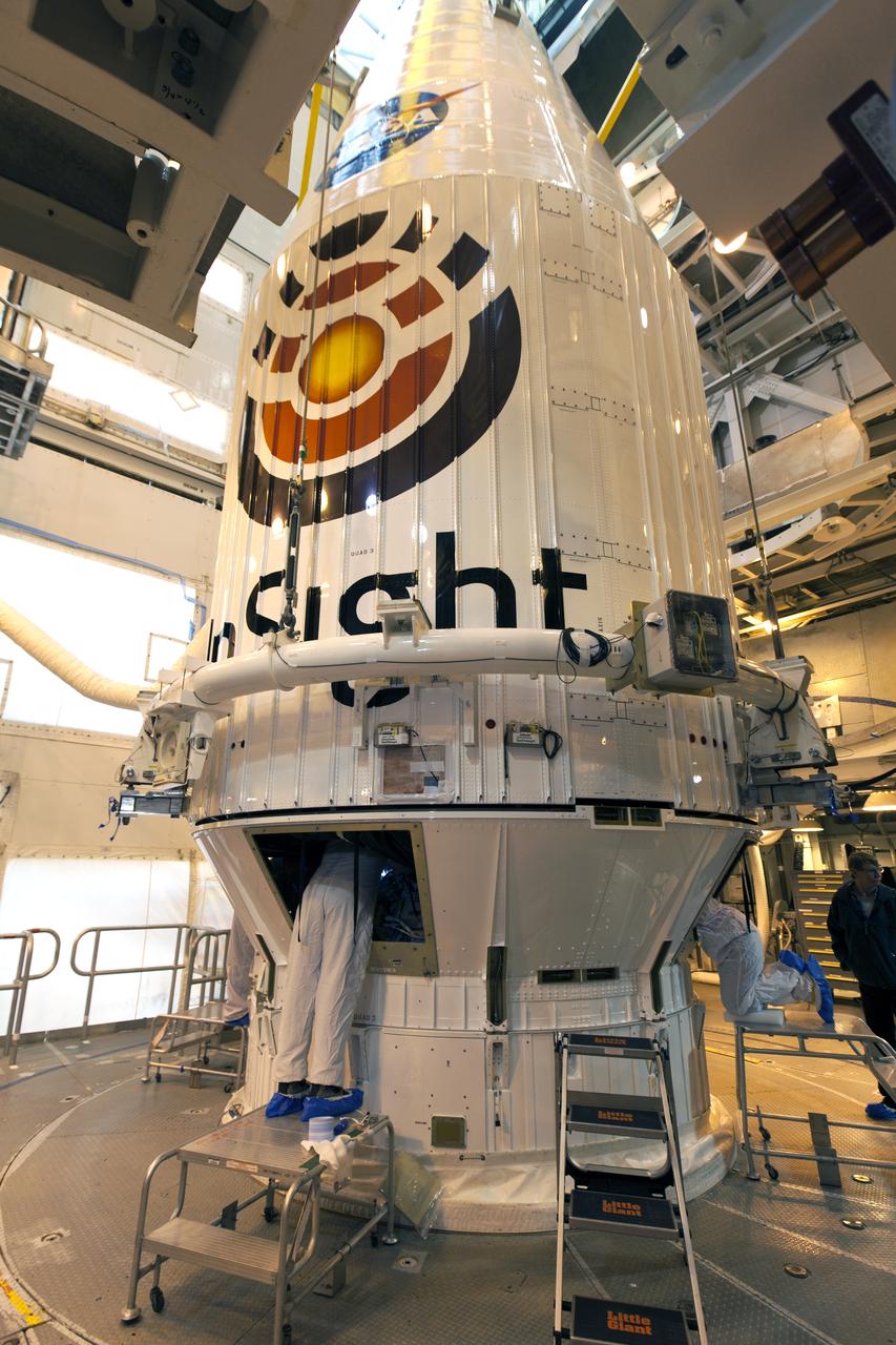 At Space Launch Complex 3 at Vandenberg Air Force Base in California, NASA's Interior Exploration using Seismic Investigations, Geodesy and Heat Transport, or InSight, Mars lander has been mated atop a United Launch Alliance Atlas V rocket. InSight will be the first mission to look deep beneath the Martian surface. It will study the planet's interior by measuring its heat output and listen for marsquakes. The spacecraft will use the seismic waves generated by marsquakes to develop a map of the planet’s deep interior. The resulting insight into Mars’ formation will provide a better understanding of how other rocky planets, including Earth, were created. InSight is scheduled for liftoff May 5, 2018.