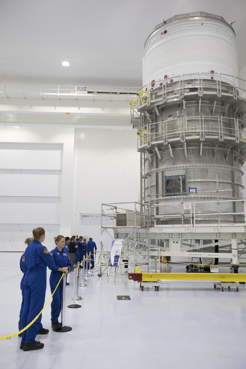 The 2017 class of astronaut candidates are inside the Space Station Processing Facility high bay during a familiarization tour of facilities at NASA's Kennedy Space Center in Florida. They are viewing the Interim Cryogenic Propulsion System for NASA's Space Launch System rocket. The candidates toured center facilities, including the Neil Armstrong Operations and Checkout Building high bay; the Launch Control Center, Launch Pad 39B, and the Vehicle Assembly Building. They also toured Boeing's Commercial Crew and Cargo Facility, United Launch Alliance's Space Launch Complex 41 at Cape Canaveral Air Force Station, and SpaceX's Launch Pad 39A at Kennedy. The candidates will spend about two years getting to know the space station systems and learning how to spacewalk, speak Russian, control the International Space Station's robotic arm and fly T-38s, before they're eligible to be assigned to a mission.