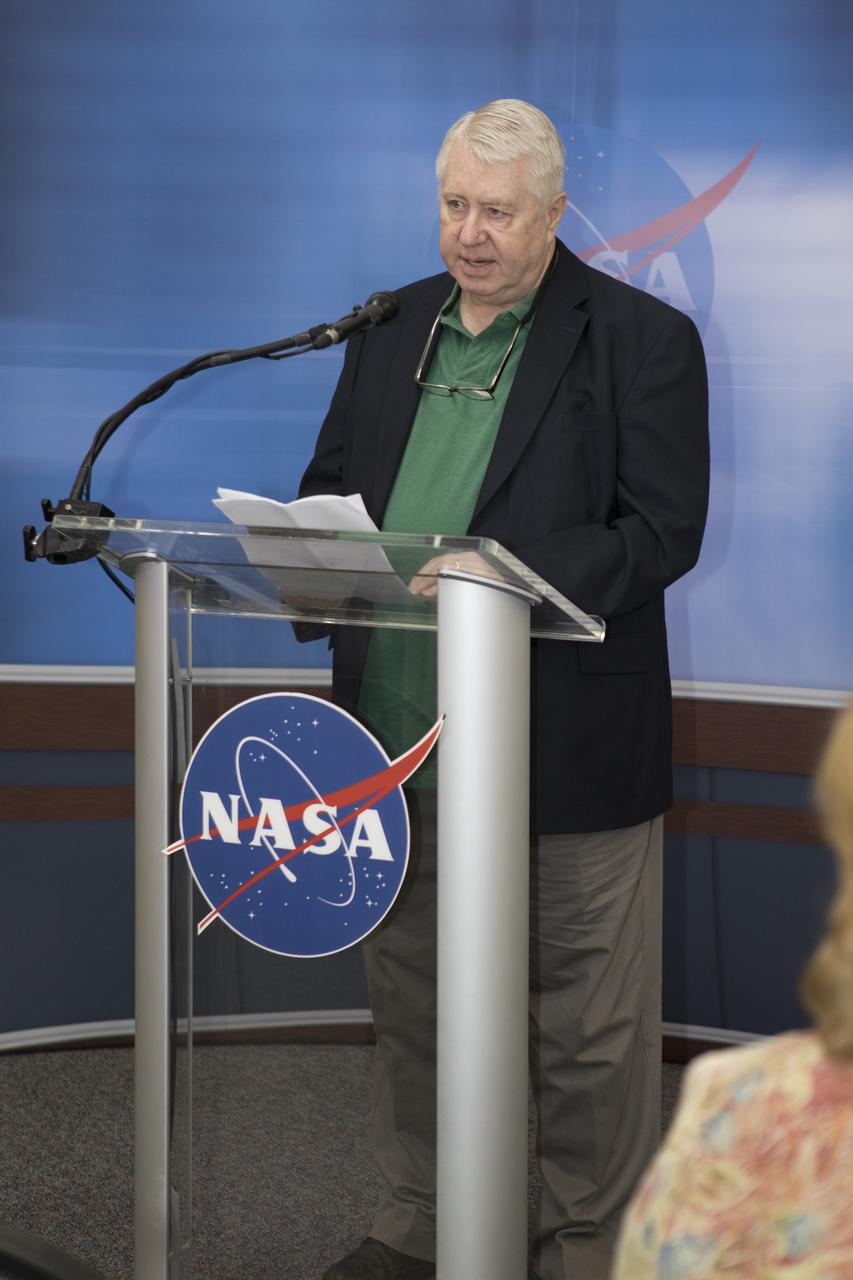 Craig Covault covered approximately 100 space shuttle launches and missions from Kennedy Space Center in Florida during his 48-year career writing about space and aeronautics. Covault, who is credited with 2,000 news and feature stories for Aviation Week & Space Technology, was installed as a member of the “Chroniclers” during a ceremony at Kennedy’s NASA News Center on Friday, May 4. “Chroniclers” recognizes retirees of the news and communications business who helped spread news of American space exploration from Kennedy for 10 years or more. George Diller also earned a spot on the “Chroniclers wall” at the event. 