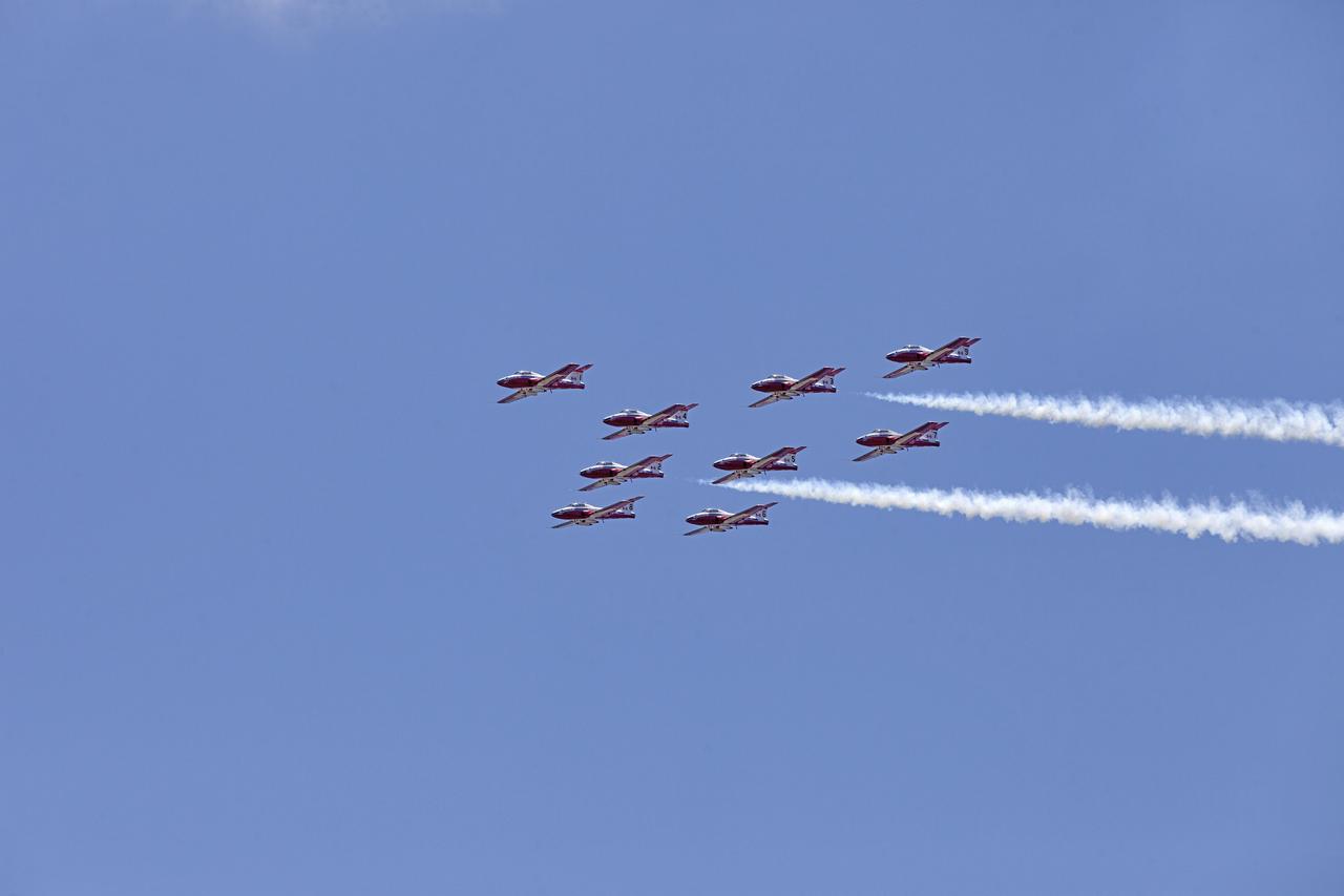 Canadian Forces Snowbirds fly in formation over NASA's Kennedy Space Center in Florida during a practice flight on May 9, 2018, between their scheduled U.S. air shows.