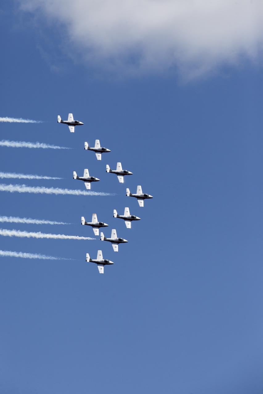 Canadian Forces Snowbirds fly in formation over NASA's Kennedy Space Center in Florida during a practice flight on May 9, 2018, between their scheduled U.S. air shows.