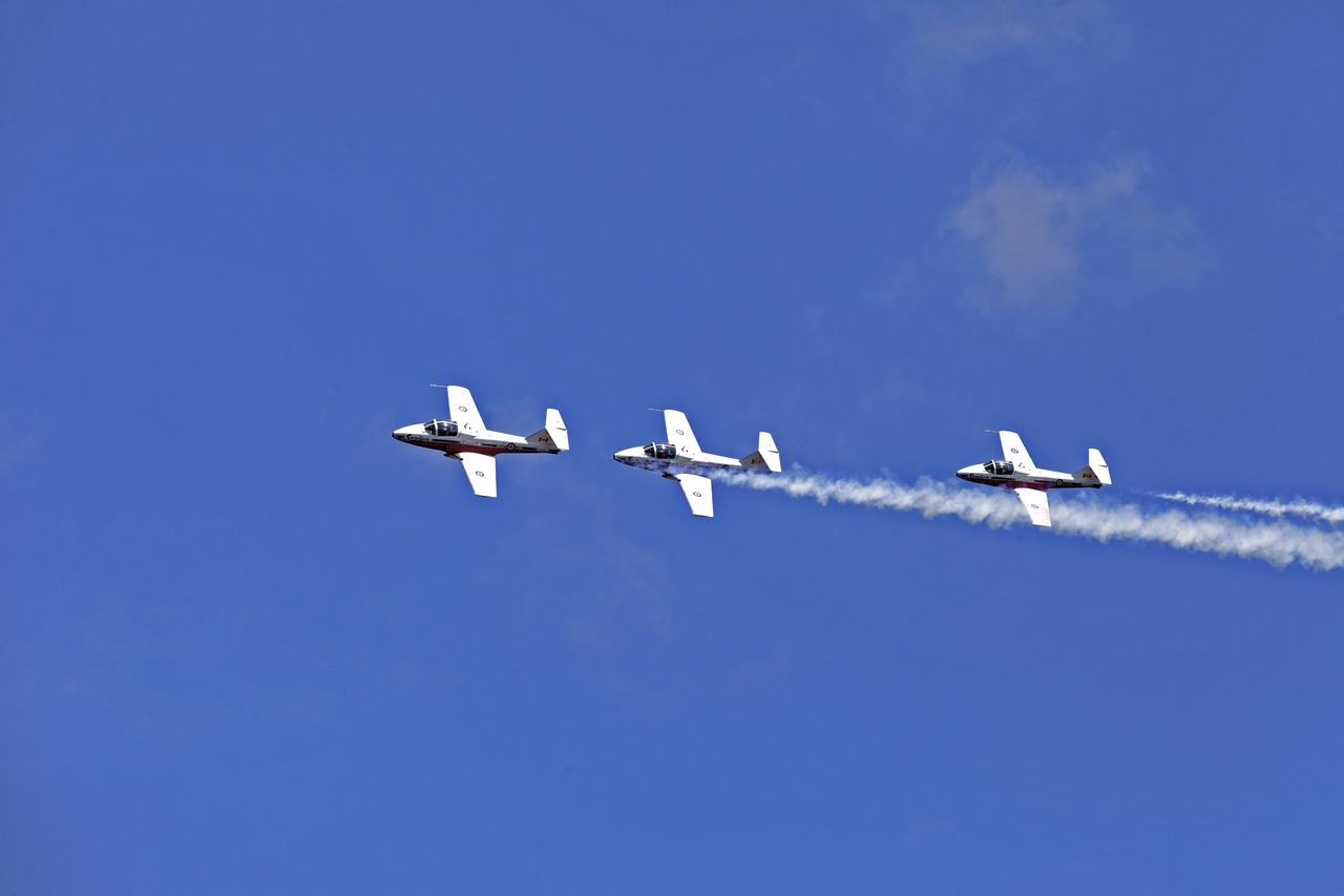 Canadian Forces Snowbirds fly in formation over NASA's Kennedy Space Center in Florida during a practice flight on May 9, 2018, between their scheduled U.S. air shows.