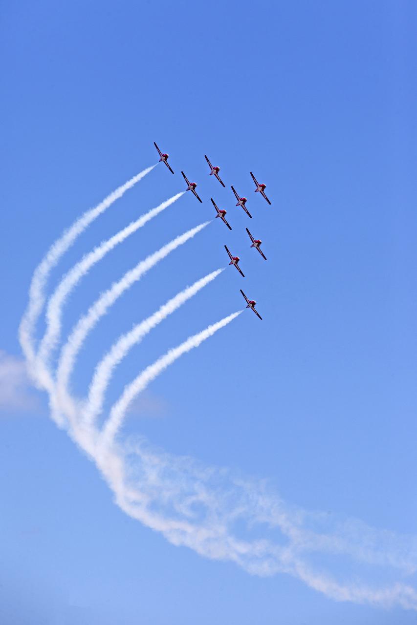 Canadian Forces Snowbirds fly in formation over NASA's Kennedy Space Center in Florida during a practice flight on May 9, 2018, between their scheduled U.S. air shows.