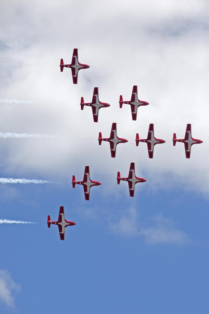Canadian Forces Snowbirds fly in formation over NASA's Kennedy Space Center in Florida during a practice flight on May 9, 2018, between their scheduled U.S. air shows.